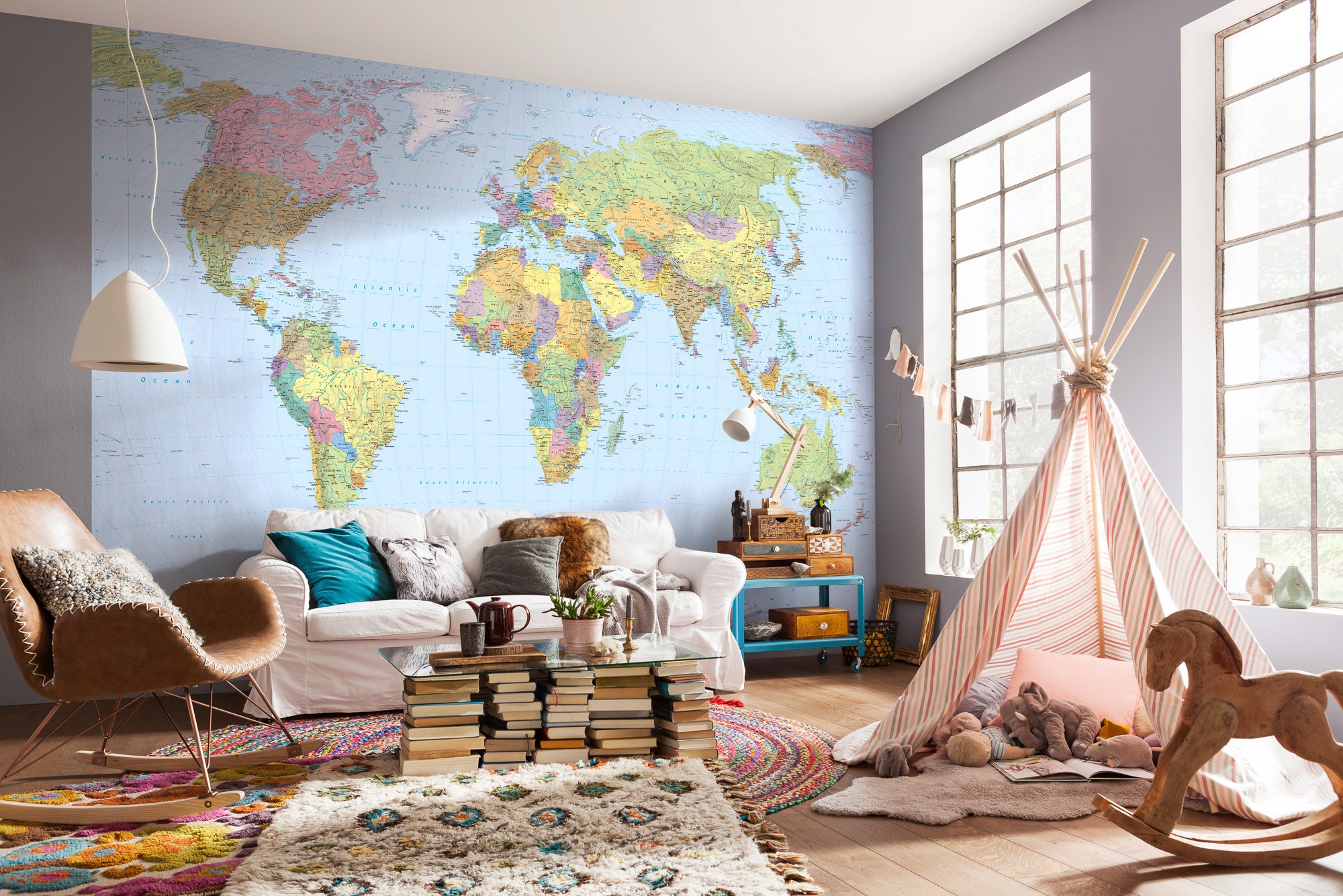 Komar Vliestapete »Vlies - World Map - Grösse 368 x 248 cm«, bedruckt, Wohnzimmer, Schlafzimmer