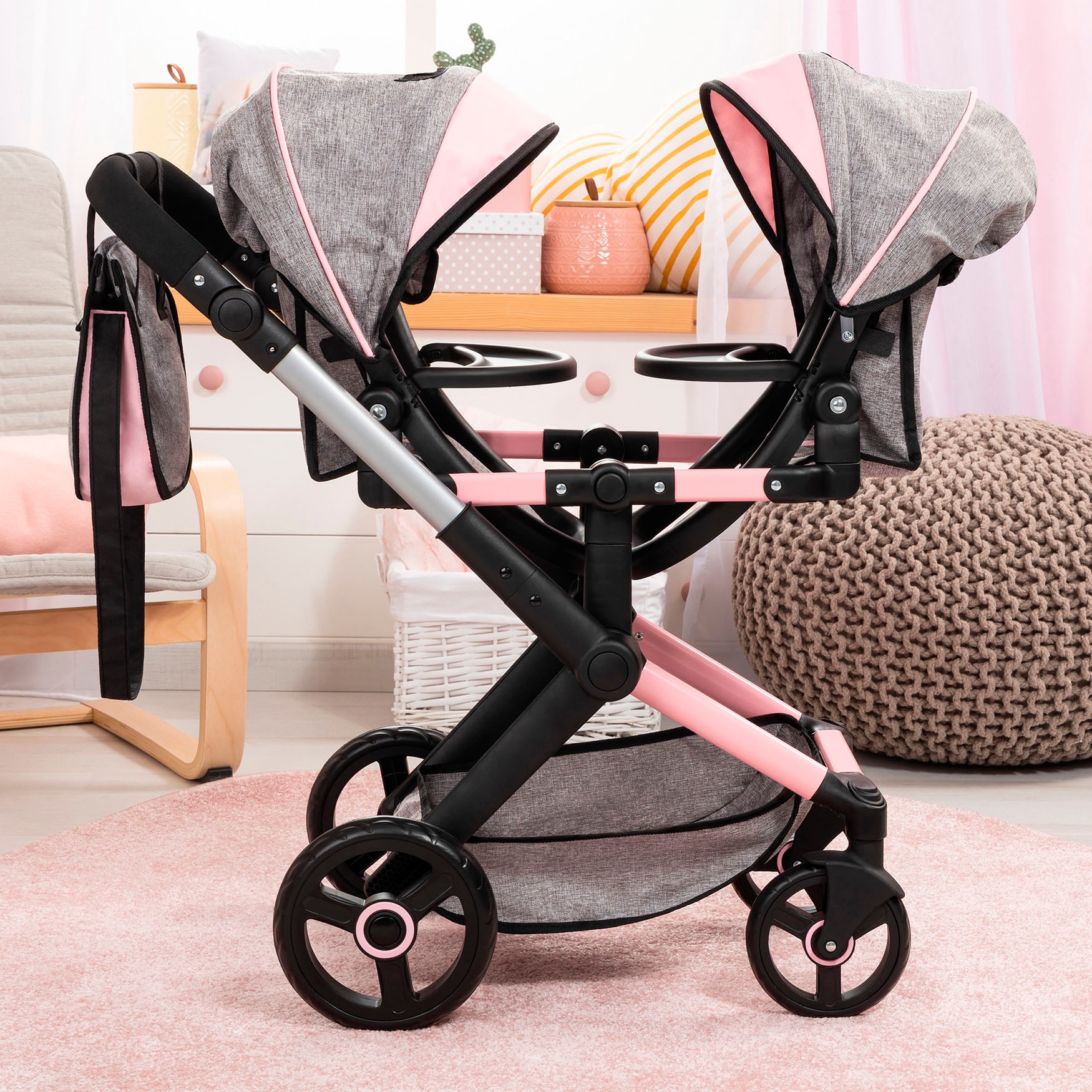 Bayer Poussette jumelle pour poupée »Xeo Twin grau/rosa« mit Wickeltasche