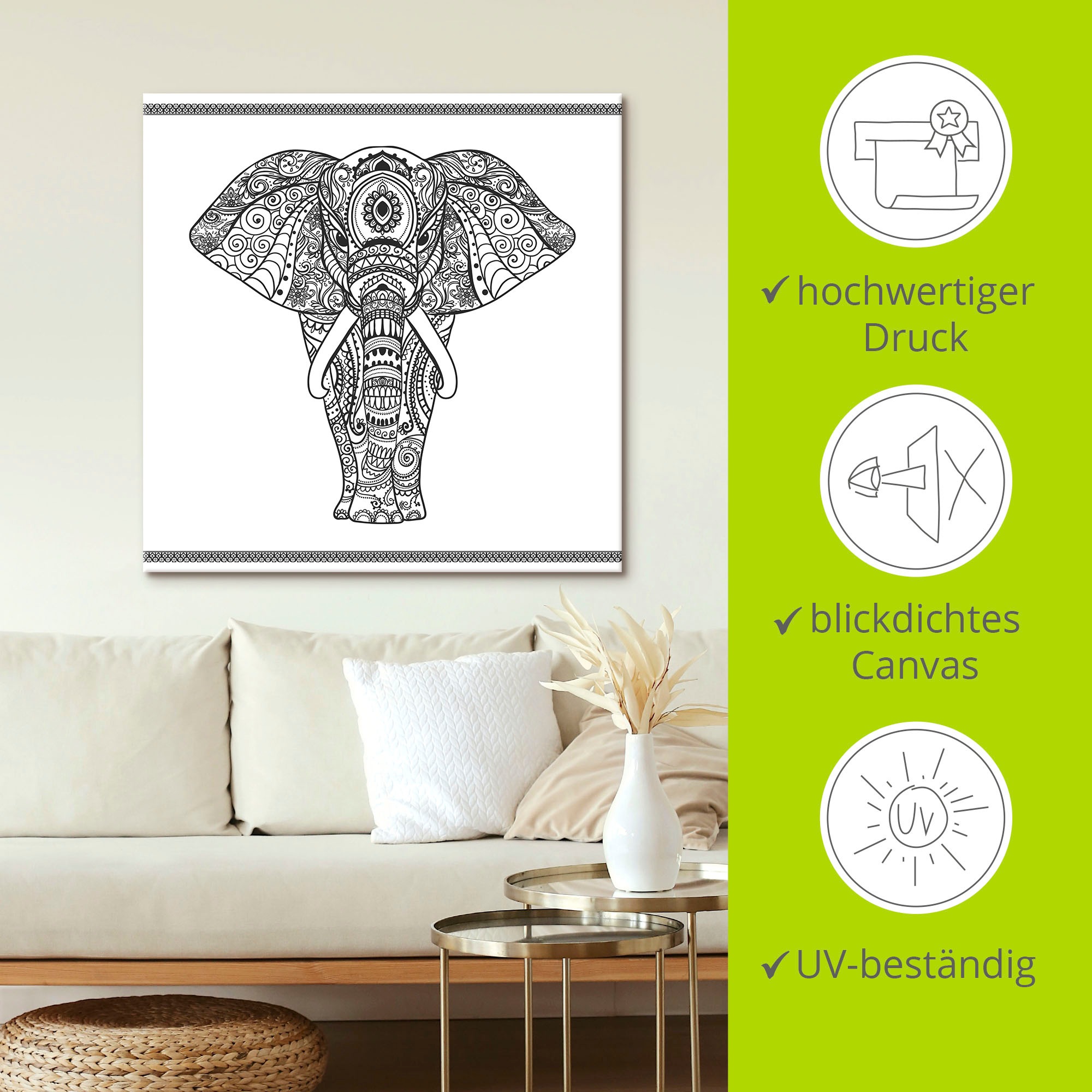 Image of Artland Leinwandbild "Elefant in Mandala" Wildtiere 1 Stk. tlg. auf Holzrahmen gespannt