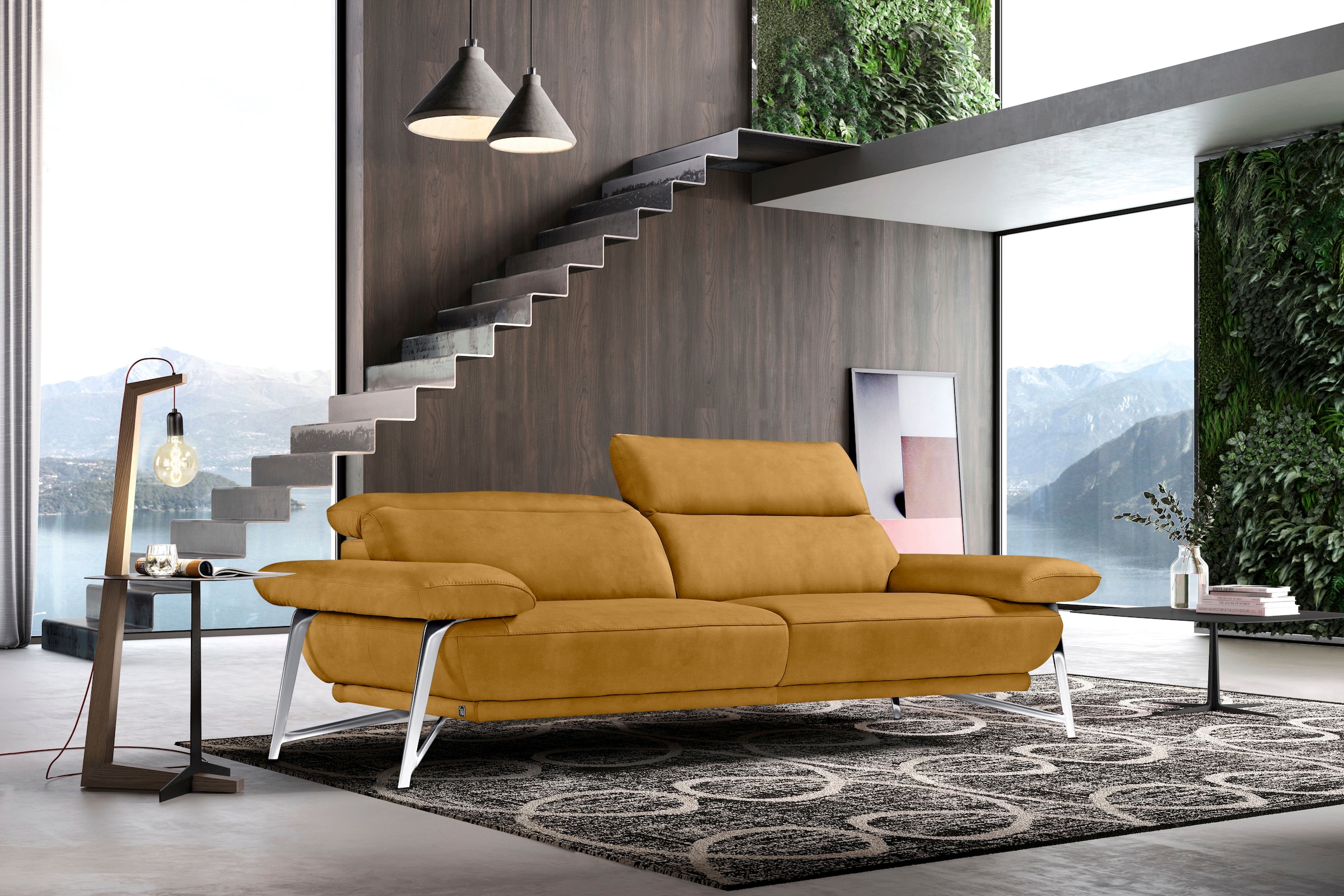Image of Egoitaliano 2,5-Sitzer "Anais, Designsofa mit erstklassigem Sitzkomfort, Fussfarbe chrom" Kopfteil verstellbar, 232 cm, Luxus-Microfaser Lederoptik, gelb