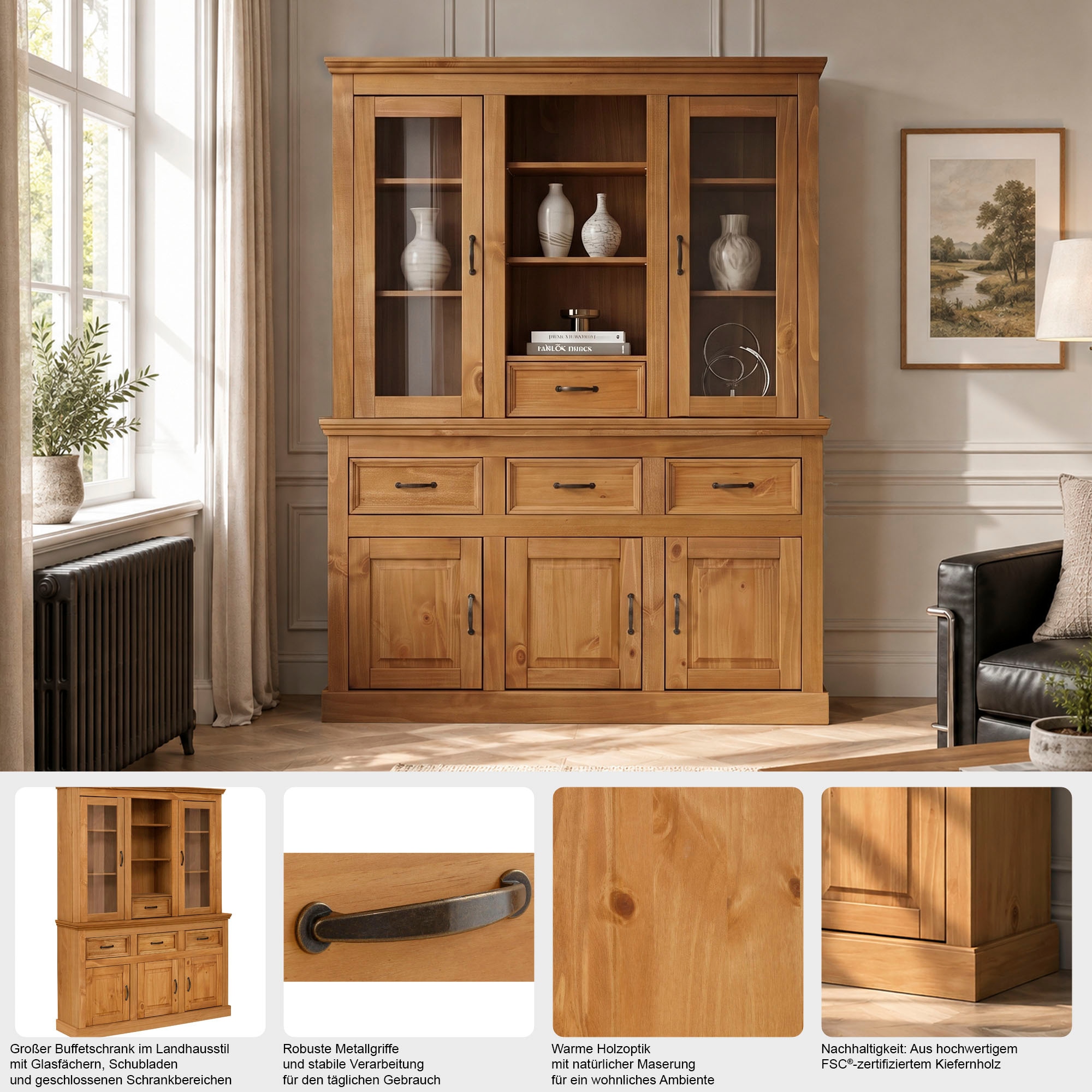 GOODproduct Buffet »Selma Buffetschrank, 5 Türen, 2 davon mit Glaseinsatz & 4 Schubladen« massives Kiefernholz mit Griffen aus Metall und dekorative Fräsung