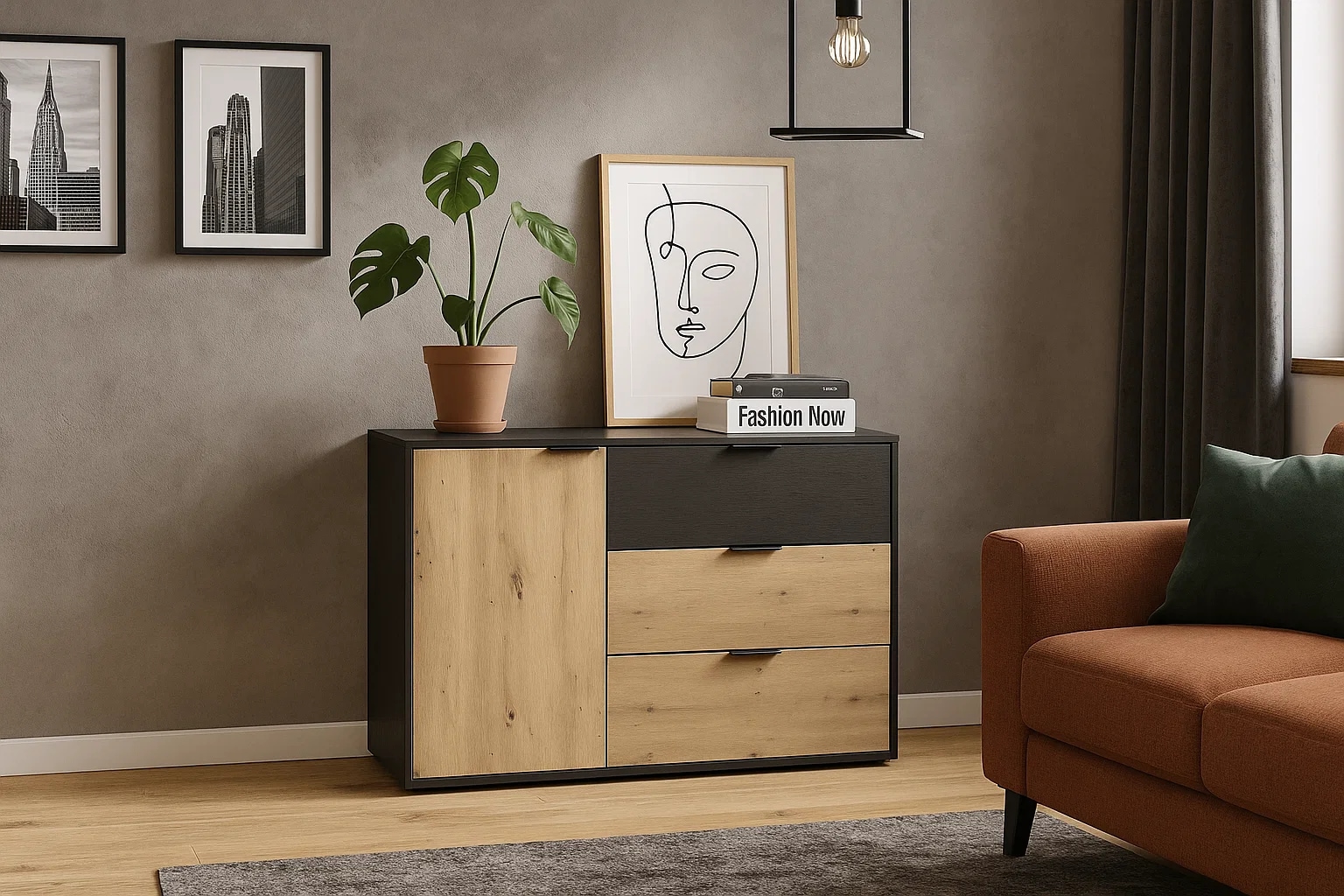 Image of Home affaire Kommode "PERY Sideboard mit 3 Schubladen und 3 Fächer, Masse B/T/H: 125/36/79 cm" Moderner Schubladenschrank mit viel Stauraum und schwarzen Griffen