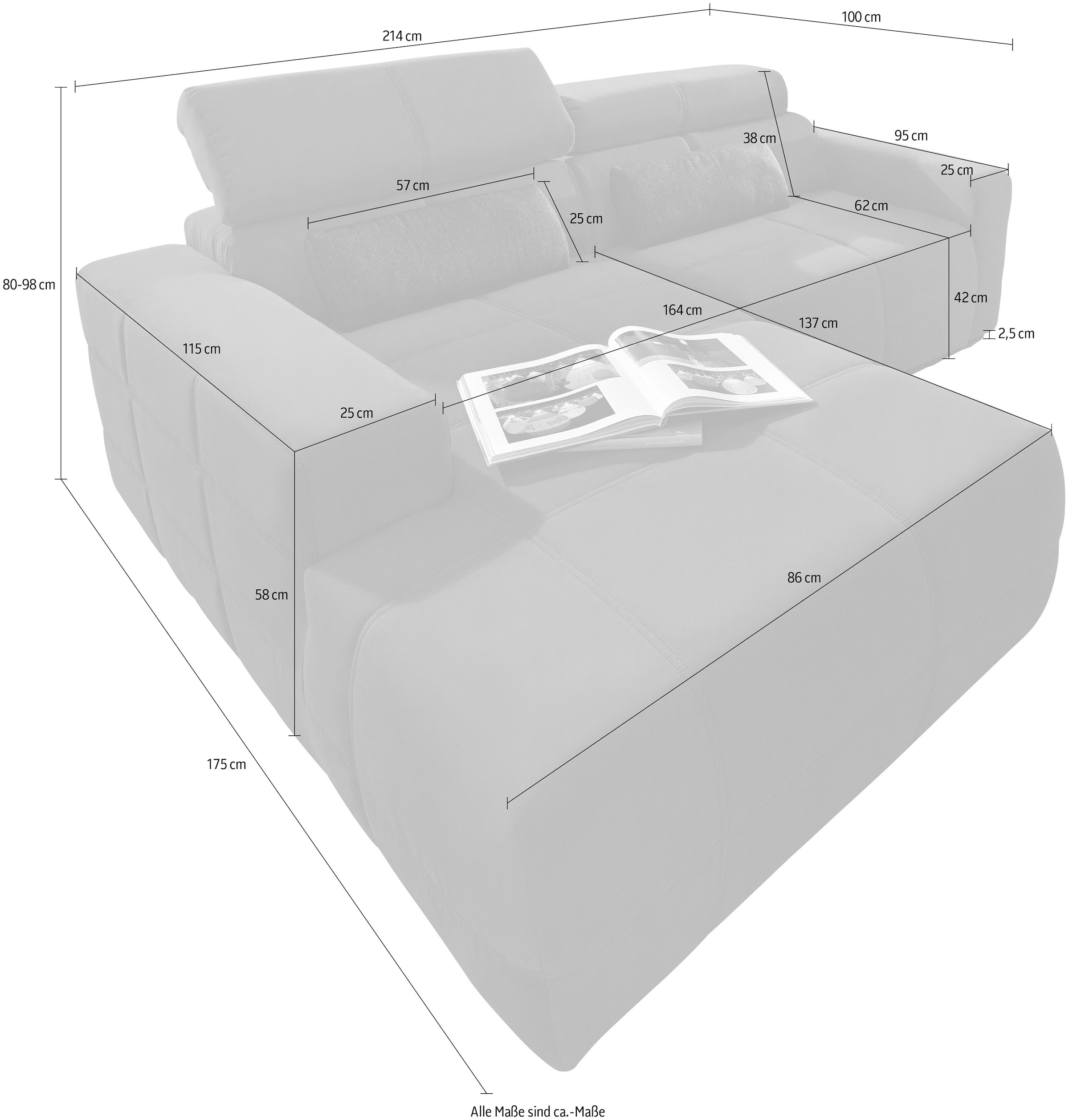 DOMO collection Ecksofa »Brandon B/T: 214/100 cm, belastbar bis 140kg/ Sitz, L-Form«, Cord, grau