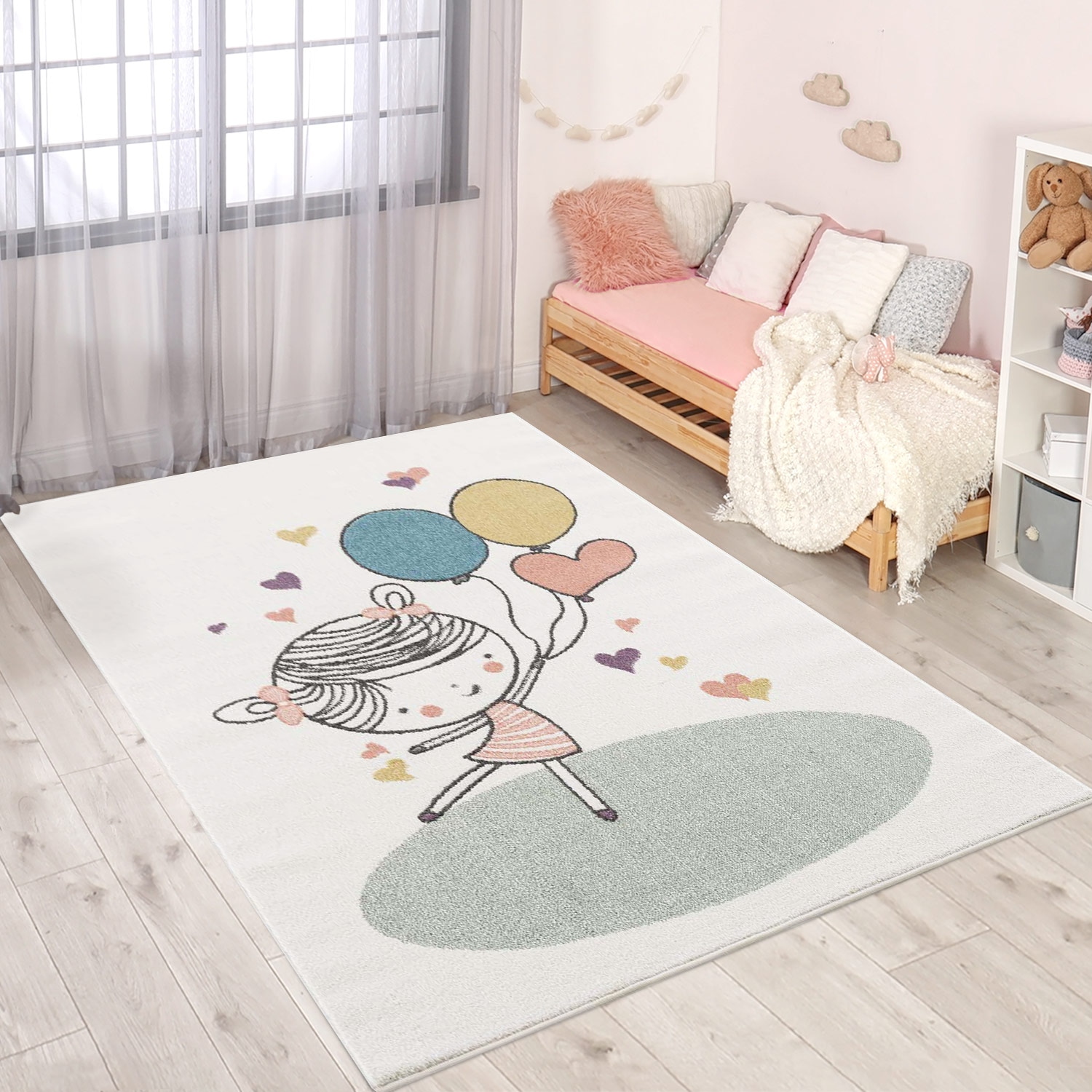 Image of Carpet City Kinderteppich "Anime9393" rechteckig 11 mm Höhe Spielteppich, Mädchen, Herzen, Ballon, Weicher Flor, Pflegeleicht