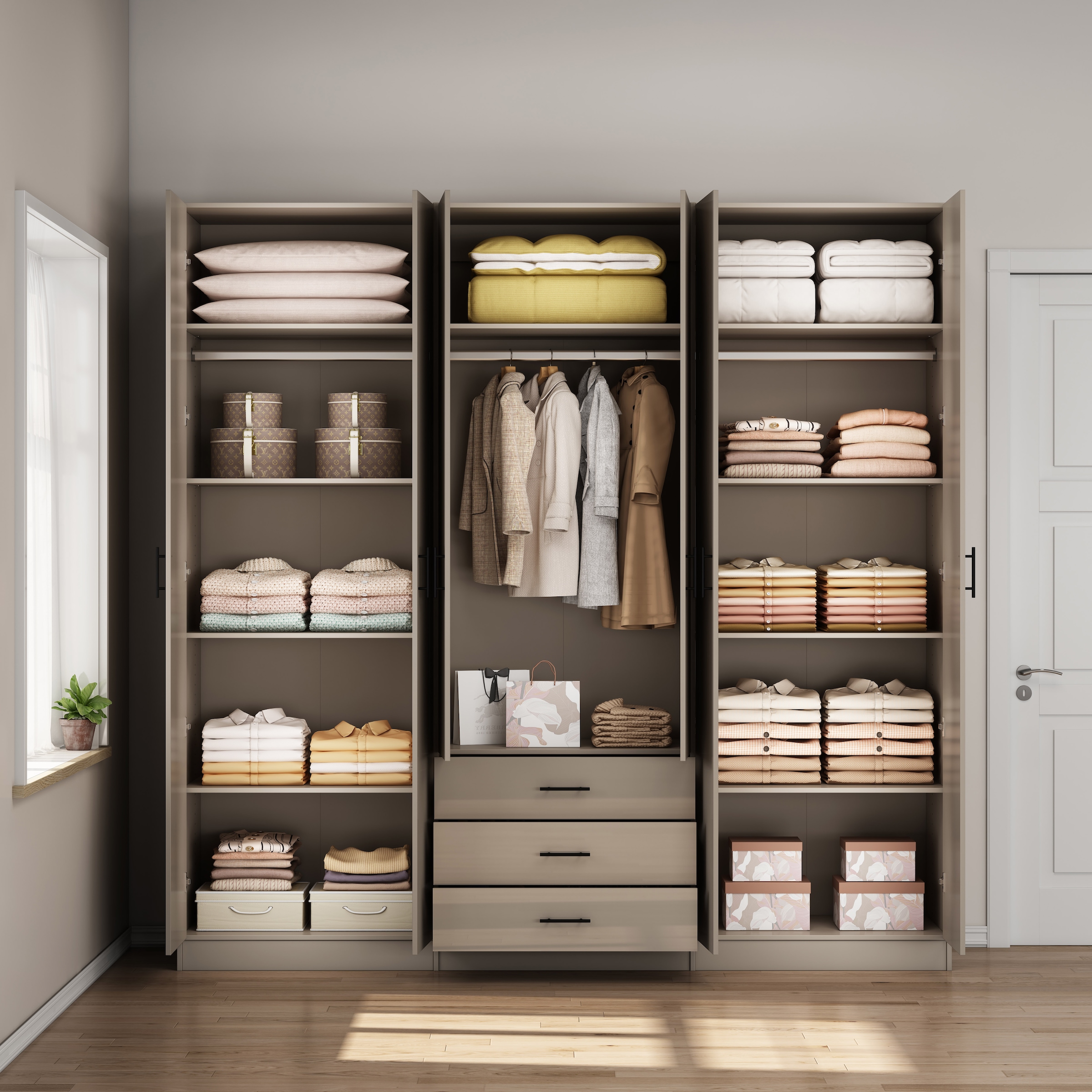 GOODproduct Kleiderschrank »Trento Schlafzimmerschrank Garderobe hochglanz« in 2 unterschiedlichen Schrankhöhen wählbar,  Schrank mit 6 Türen und 3 Schubladen, hochglanz Fronten, Höhe 2,39m