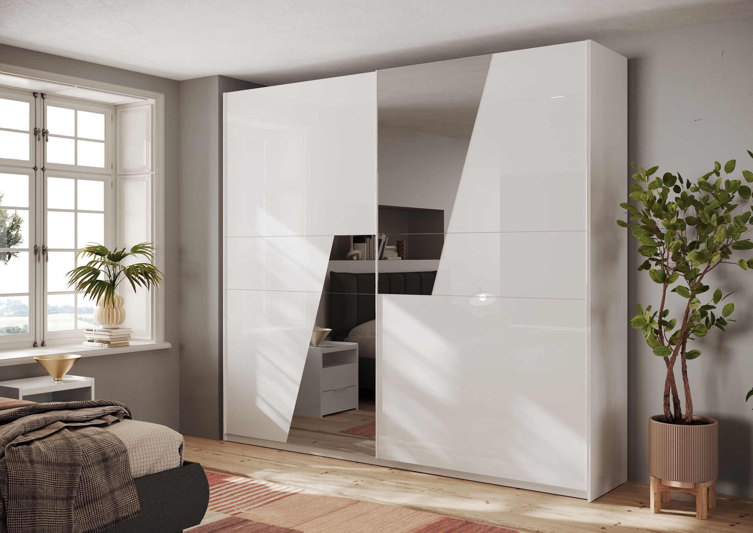 INOSIGN Schwebetürenschrank »Malmo, Kleiderschrank mit 2 Schiebetüren, Breite 276 cm, Höhe 240 cm,«, Weiss Hochglanz Lack, Front mit Spiegelfläche, Griffleisten aus Metall