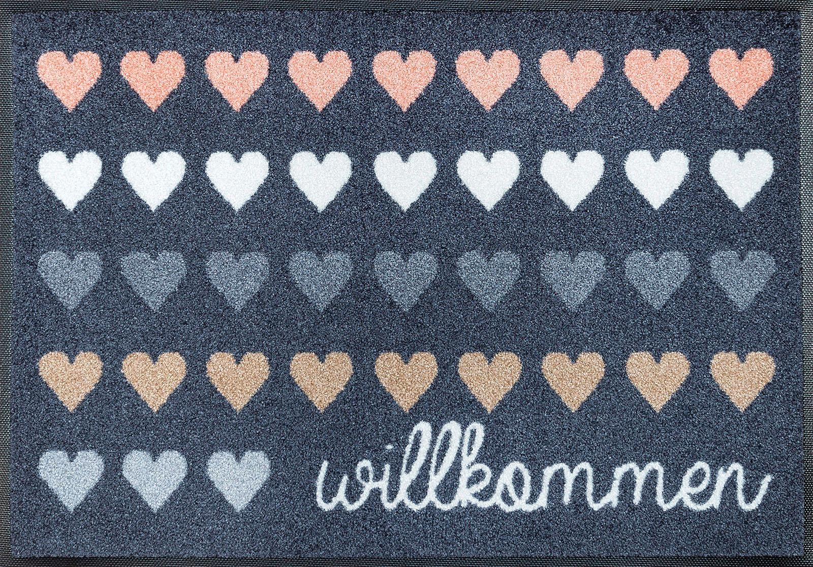 Image of wash+dry by Kleen-Tex Fussmatte »Willkommen Herzen«, rechteckig, 7 mm Höhe, Schmutzfangmatte, Motiv Herzen, mit Spruch, rutschhemmend, In- und Outdoor geeignet, waschbar bei Ackermann Versand Schweiz