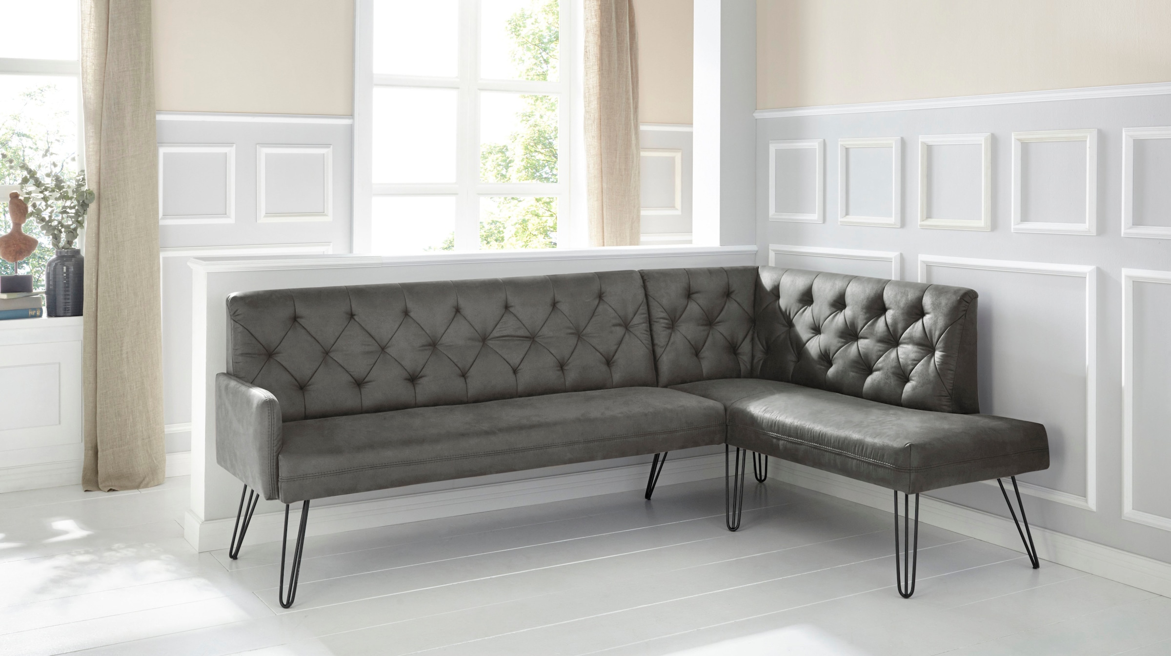 exxpo - sofa fashion Eckbank »Doppio, Chesterfield Optik, komfortabel und bequem, hohe Designfüsse«, Frei im Raum stellbar