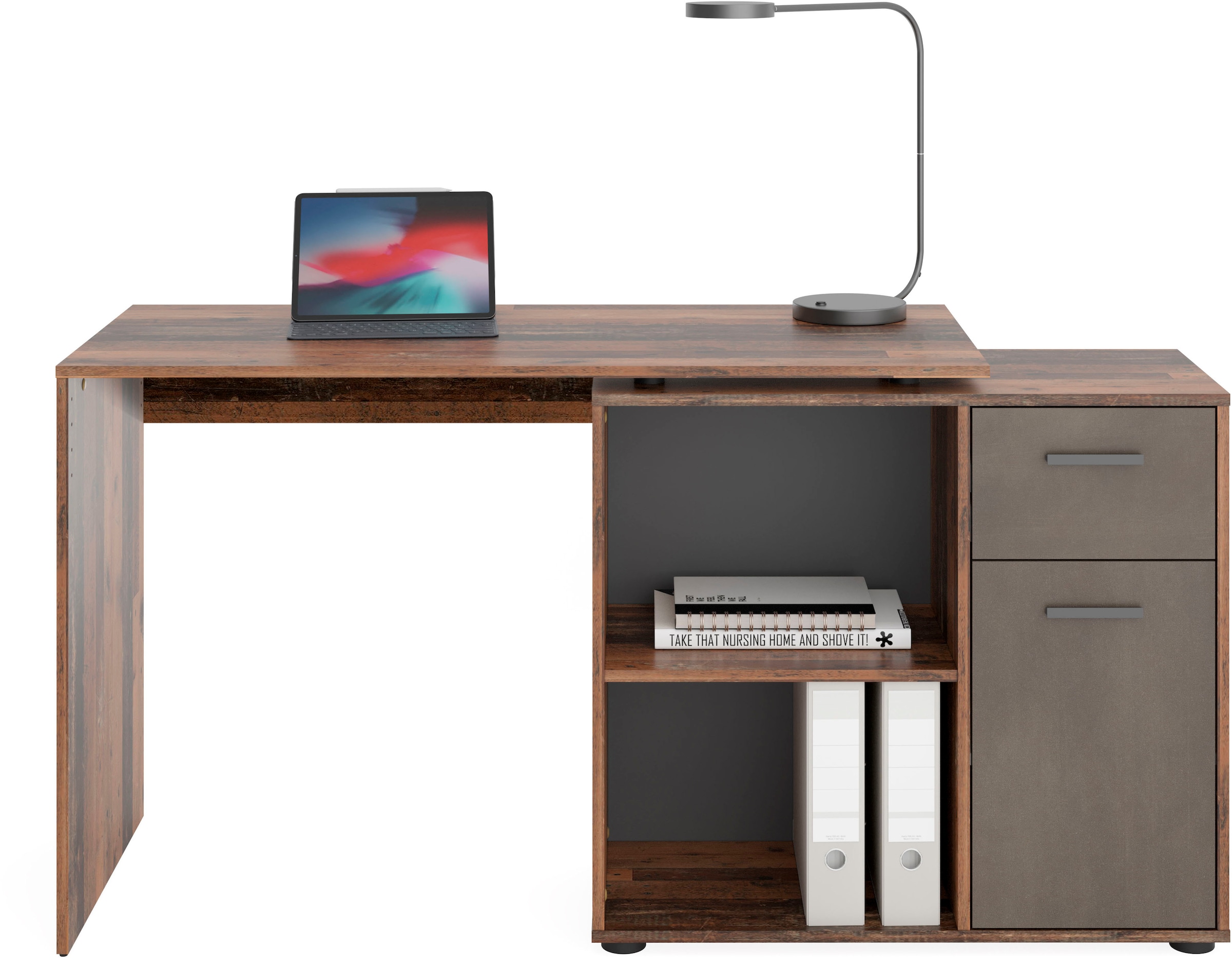 FMD Eckschreibtisch »AUGSBURG«, Schreibtisch/Sideboard m. Stauraum, beidseitig montierb., 117/148 cm