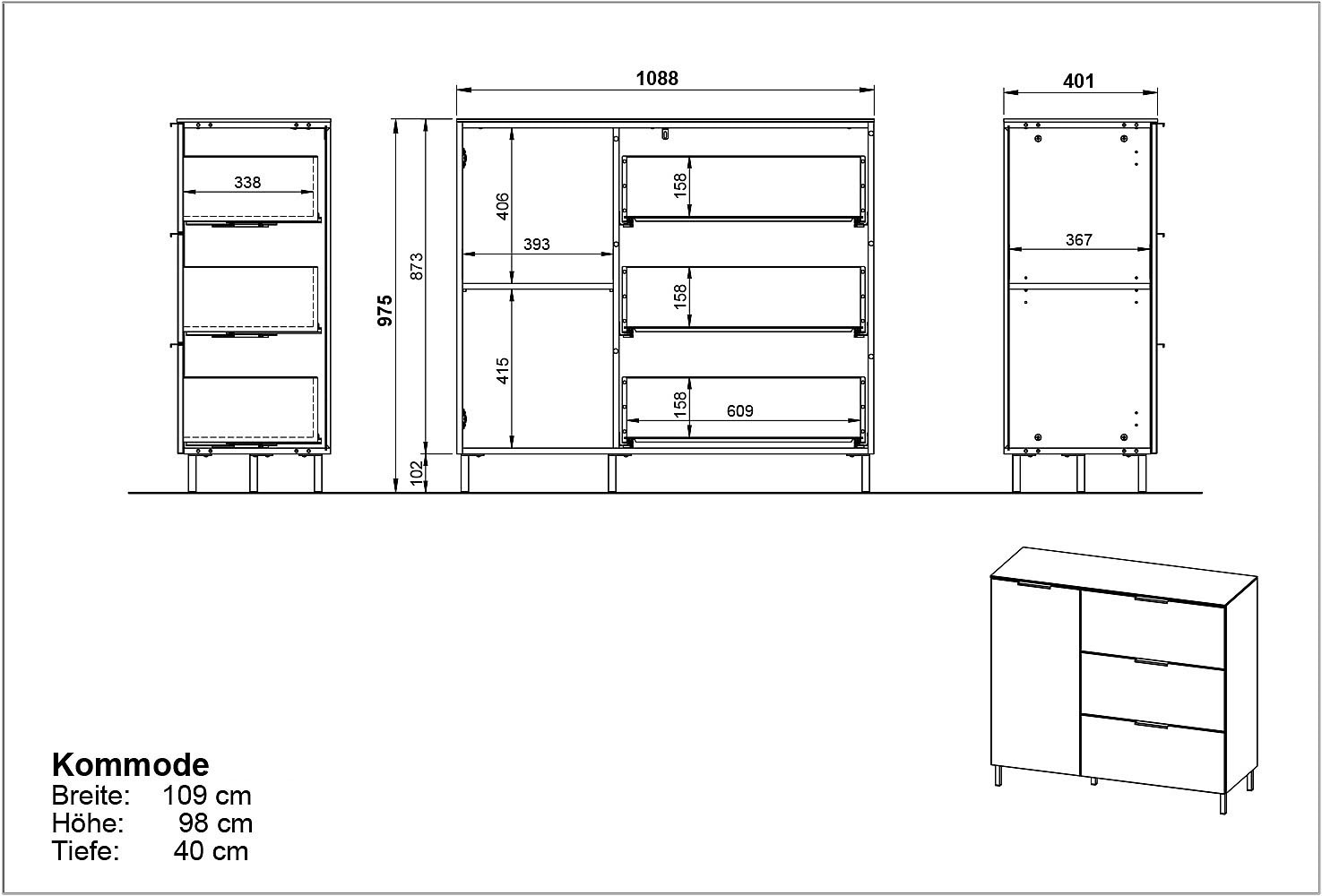 GERMANIA Buffet »Savoca« 1 cuis tlg. Largeur 109 cm, soft-close, 2 variantes de pieds incluses, Fabriqué en Allemagne
