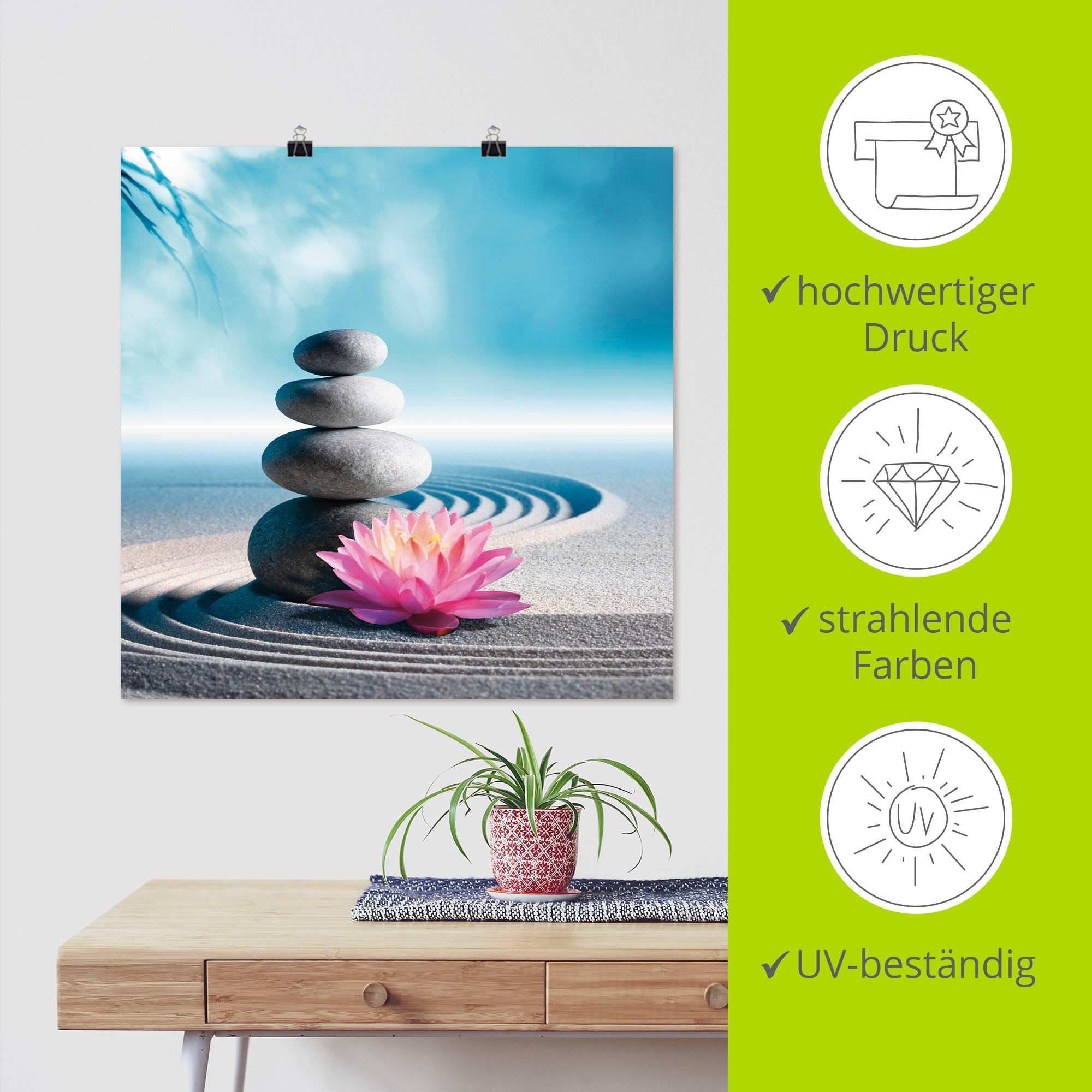 Artland Wandbild »Sand, Lilie und Spa-Steine in Zen-Garten«, Zen, (1 St.), als Alubild, Outdoorbild, Leinwandbild, Poster in verschied. Grössen