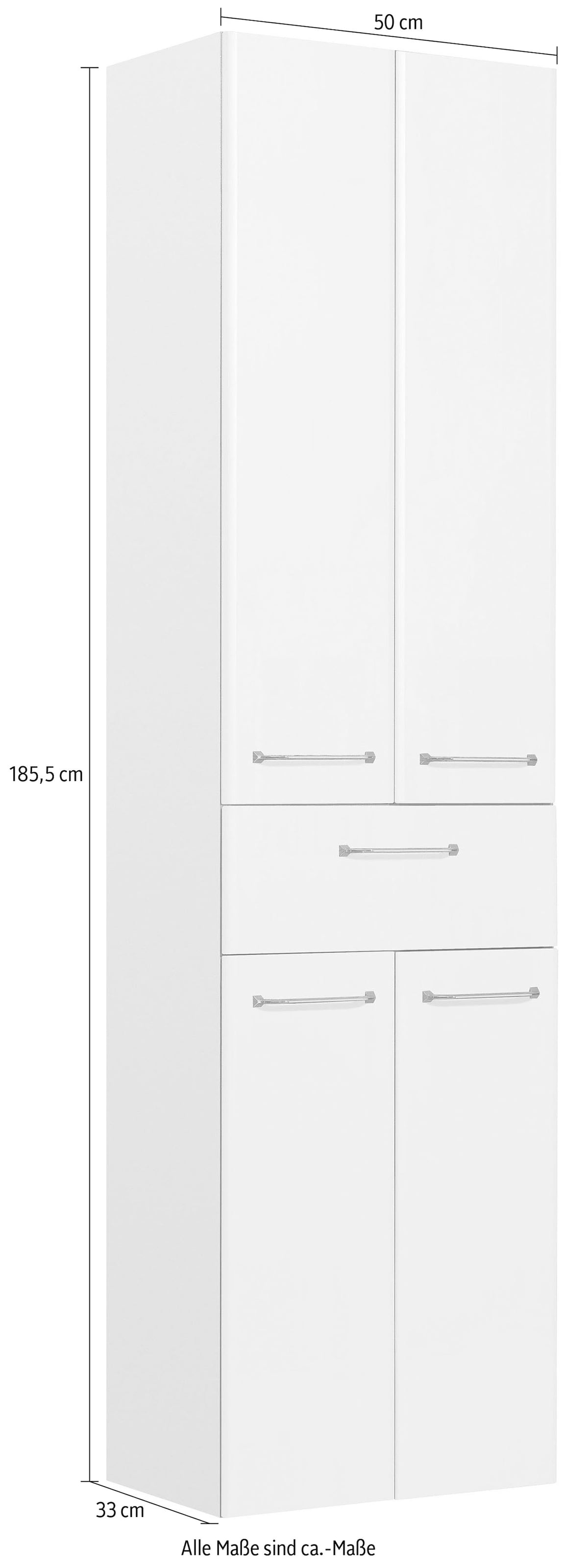Saphir Armoire haute »Quickset Badschrank 50 cm breit, 4 Türen, 1 Schublade, 3 Einlegeböden« armoire haute de salle de bain avec amortisseur de porte, poignées chrome brillant