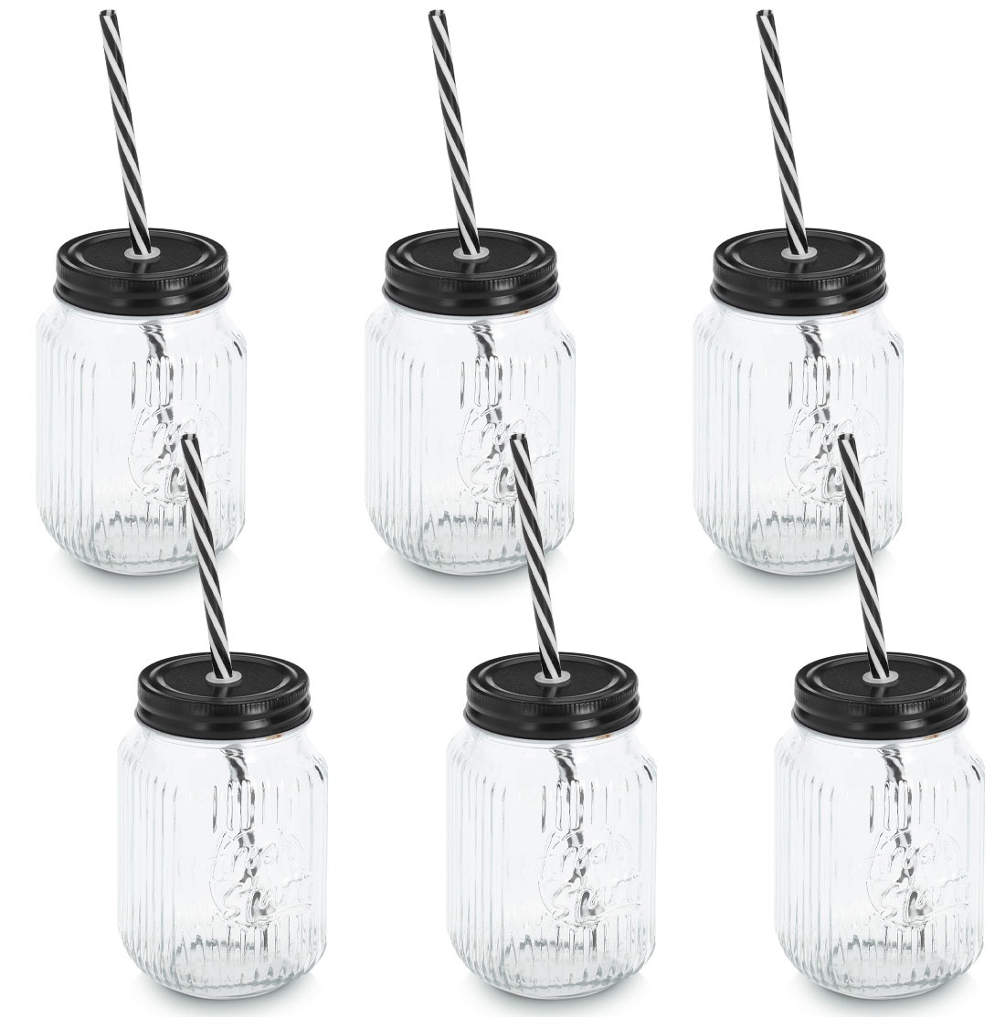 Image of Zeller Present Glas "Trinkglas mit Metalldeckel u. Strohhalm, Set, 6-tlg." Einfache Pflege, zeitloses Rillenmuster
