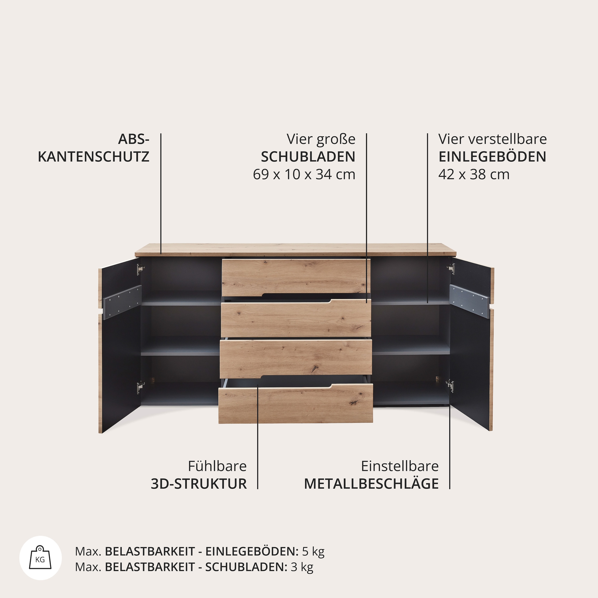 Innostyle Buffet »MEMPHIS« Buffet, meuble de salon, choix OTTO,  montage facile, beaucoup d'espace de rangement