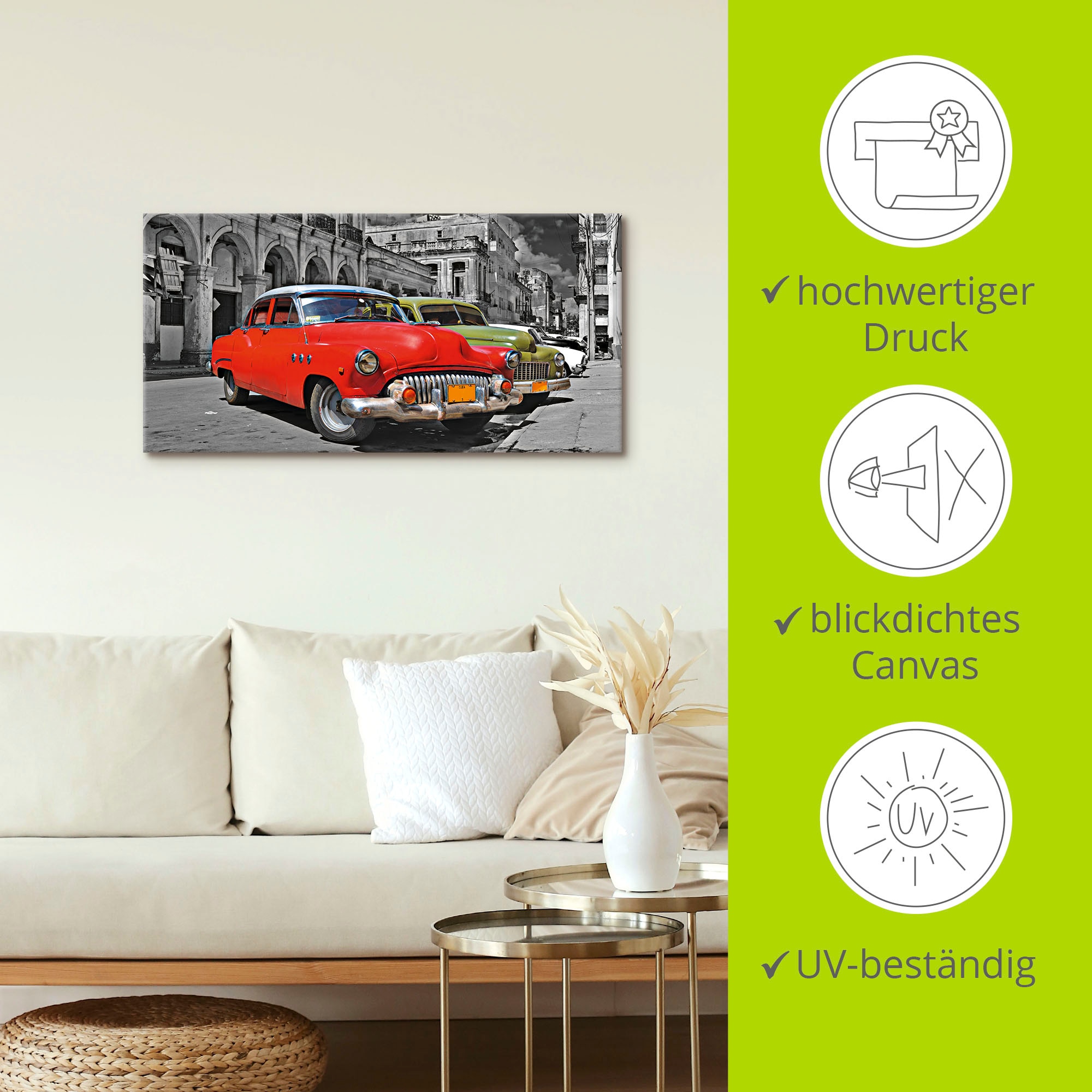 Artland Wandbild »Ansicht von bunten Havanna Autos«, Auto, (1 St.), als Alubild, Outdoorbild, Leinwandbild, Wandaufkleber, versch. Grössen