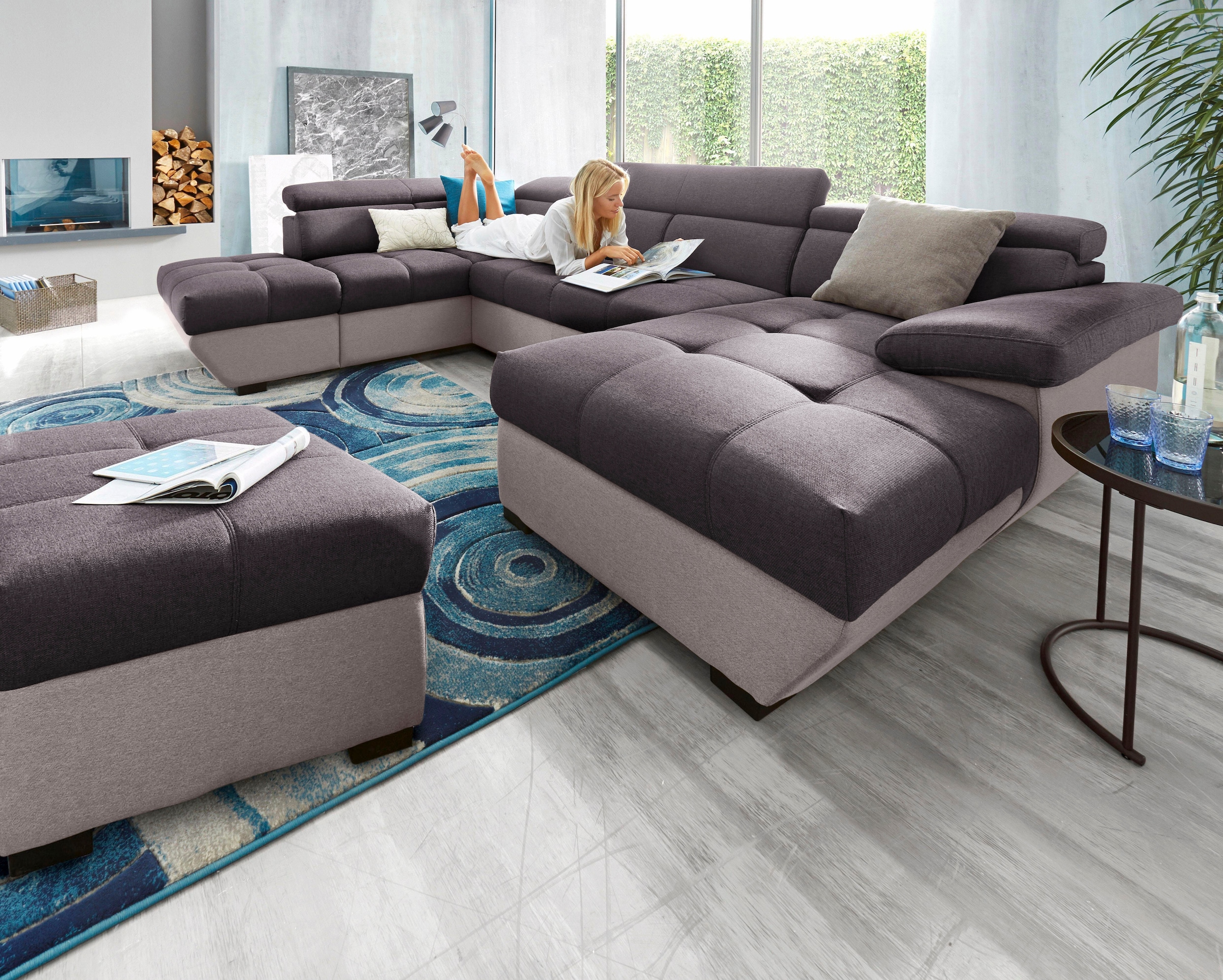 COTTA Polstergarnitur »Speedway U-Form«, (Set), Set bestehend aus: Wohnlandschaft mit Kopfteilverstellung & Hocker