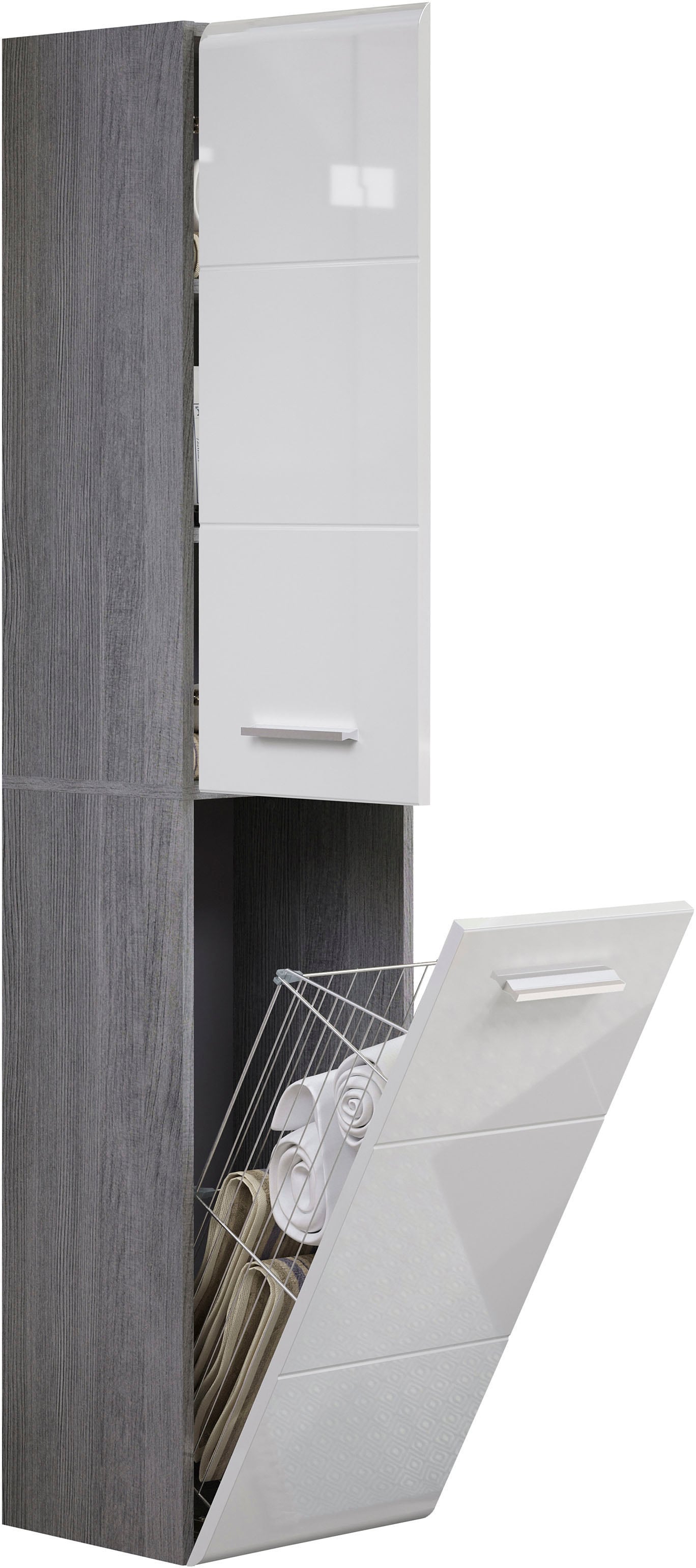 welltime Badmöbel-Set »Ravenna«, (3 St.), Hochschrank, Waschtisch, Spiegelschrank mit Wäschekorb und Waschbecken