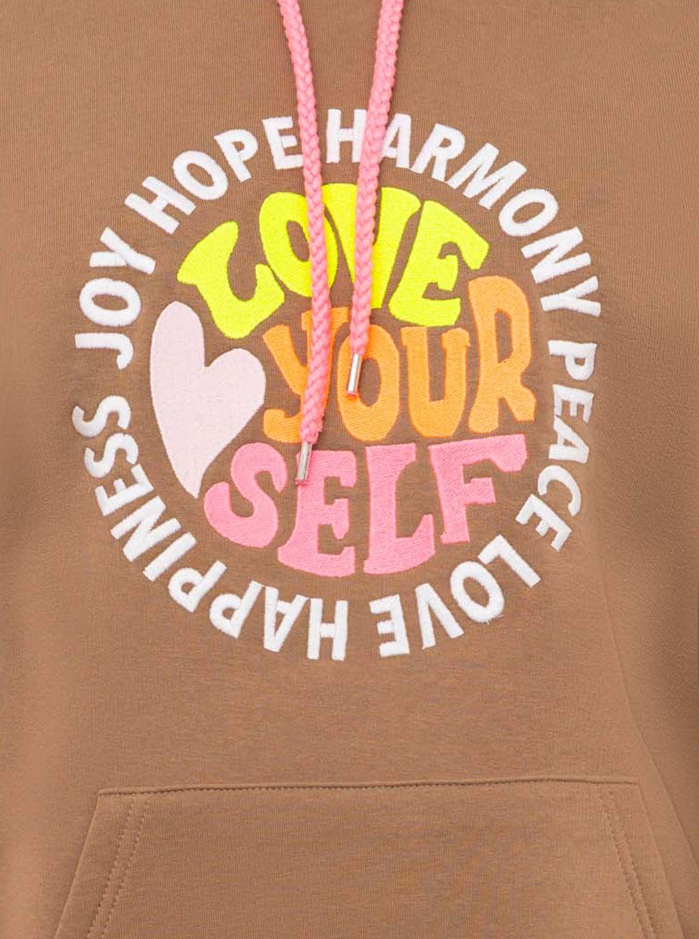 Zwillingsherz Hoodie »"Love Yourslef"«, runde grosse Frontstickerei, farbige Kordel, Kängurutasche
