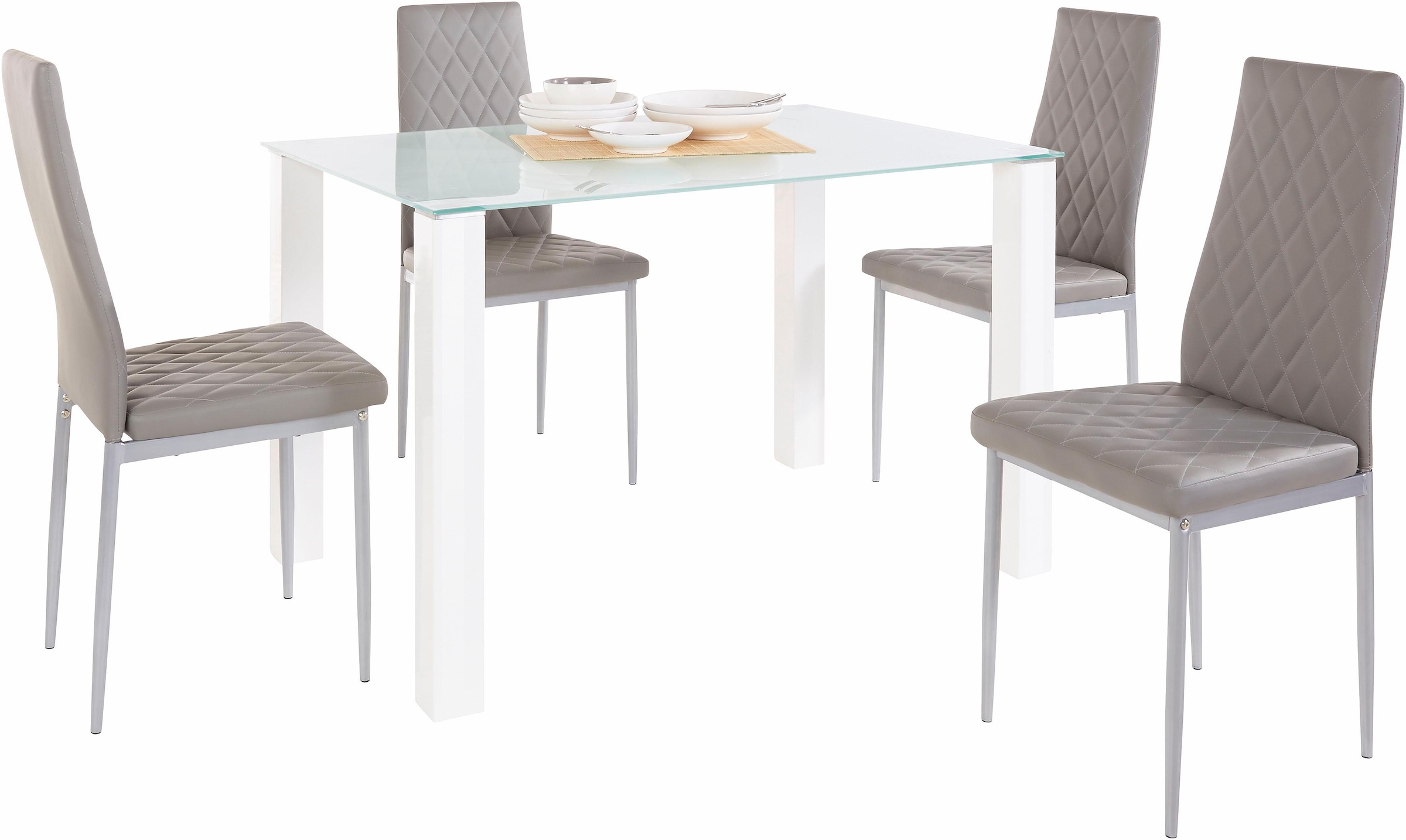 GOODproduct Essgruppe Set: Glastisch, Breite 120 x 80 cm mit 4 Stühlen