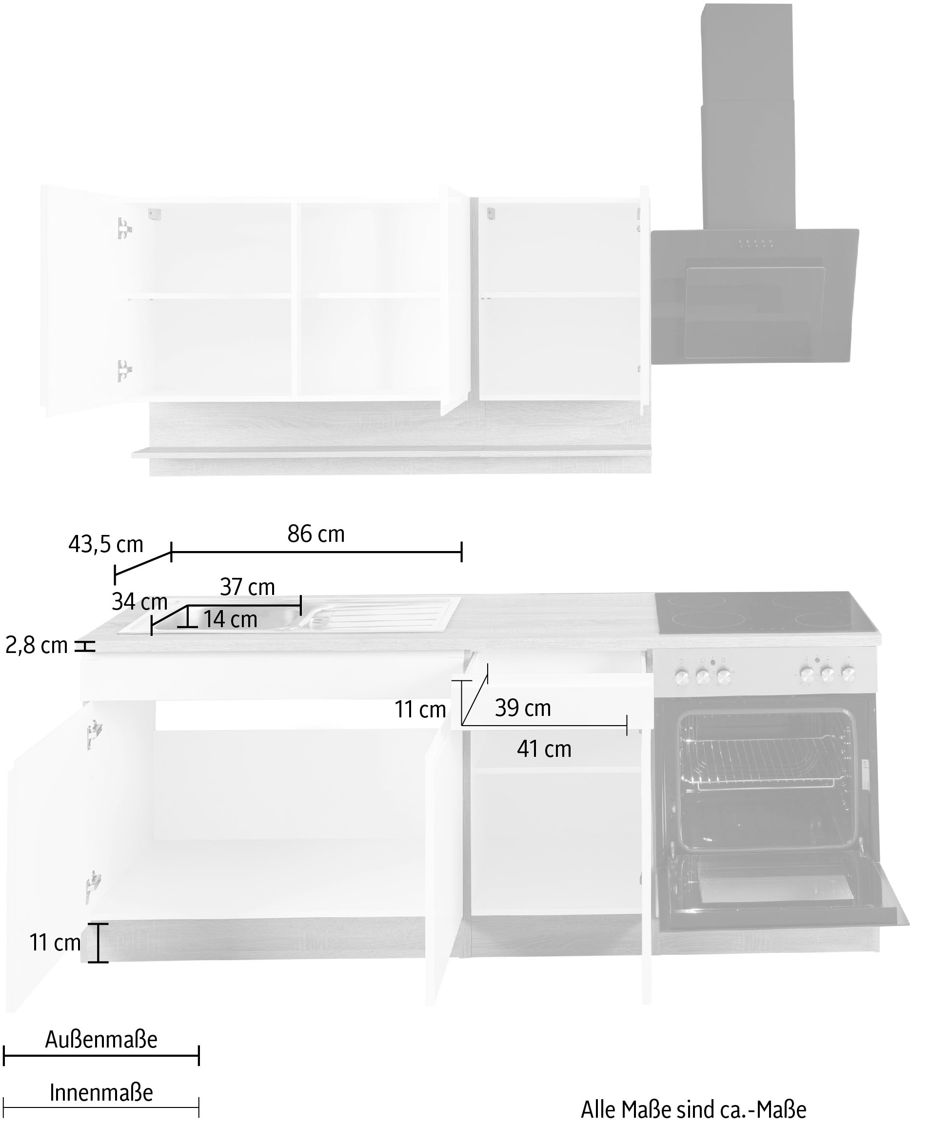 KOCHSTATION Küchenzeile »KS-Virginia,neu in verbesserter Ausführung« Arbeitsplatte 38 mm stark, Stauraum, Softclose,  Breite 210 cm,Soft-Close,wahlweise mit E-Geräten