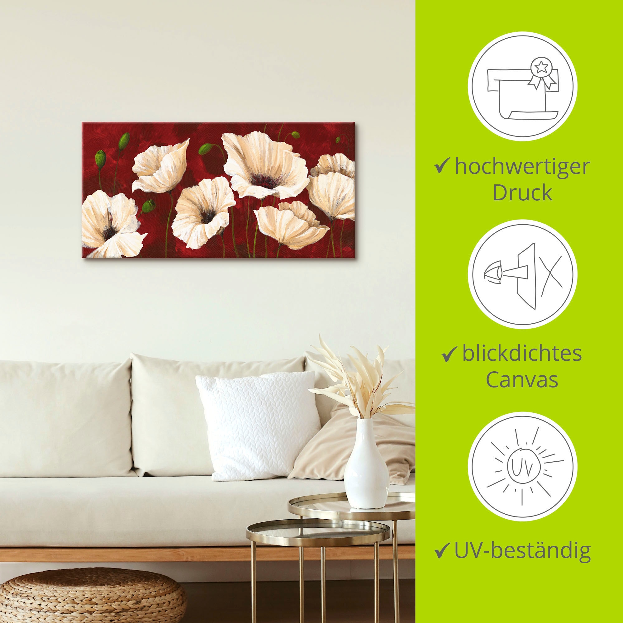 Artland Wandbild »Weisse Mohnblumen vor rot« Blumen 1 Stk. tlg. als Leinwandbild, Poster in verschied. Grössen