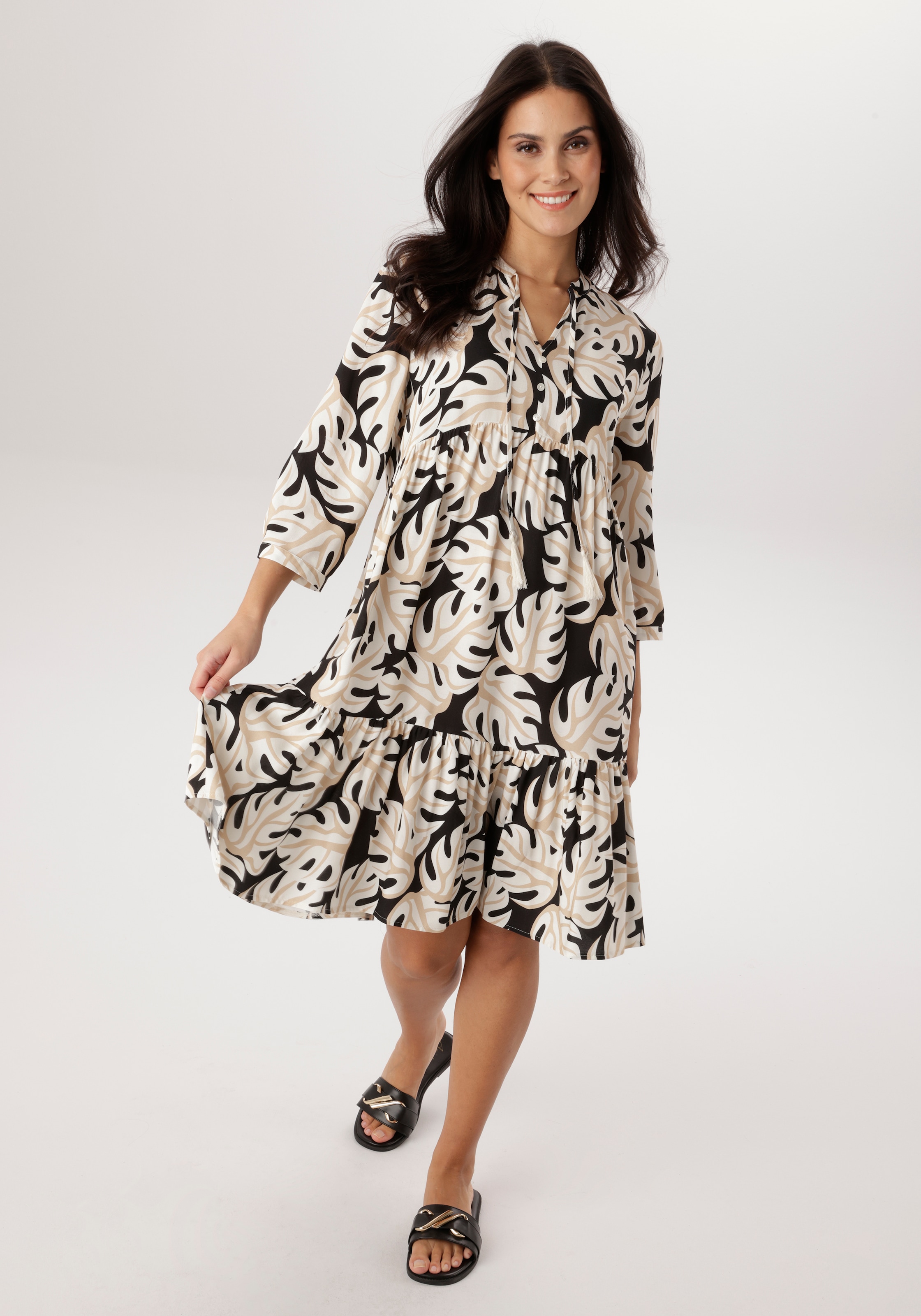 Image of Aniston SELECTED Blusenkleid mit V-Ausschnitt und mit Bindebändern und Quasten - NEUE KOLLEKTION