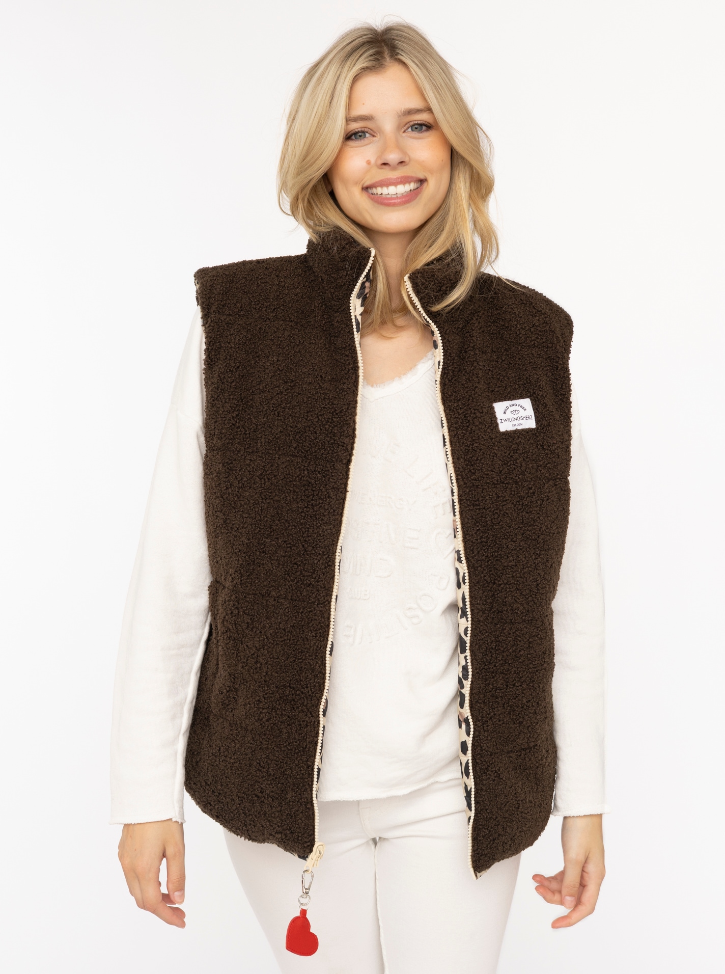 Zwillingsherz Gilet réversible »"Leo Teddy"« réversible, avec fermeture éclair, pendentif cœur, motif léopard, poches latérales