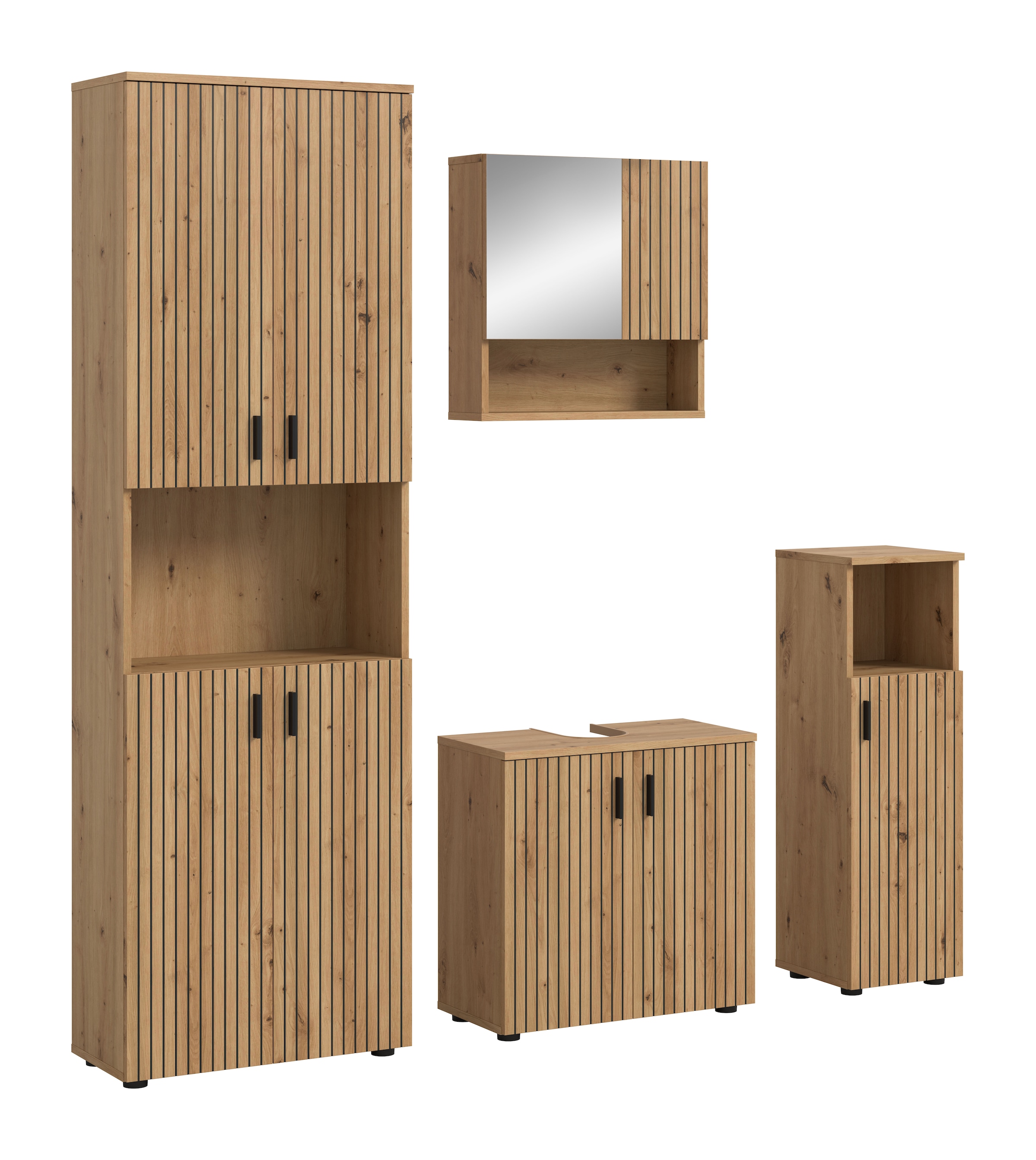Image of welltime Badmöbel-Set "MANI, 4-tlg. Badkombination, Paneeloptik" Set, Set, best. aus: 1 Hochschrank, 1 Spiegelschrank, 1 WBU, 1 Badschrank, 4 Stk. tlg.