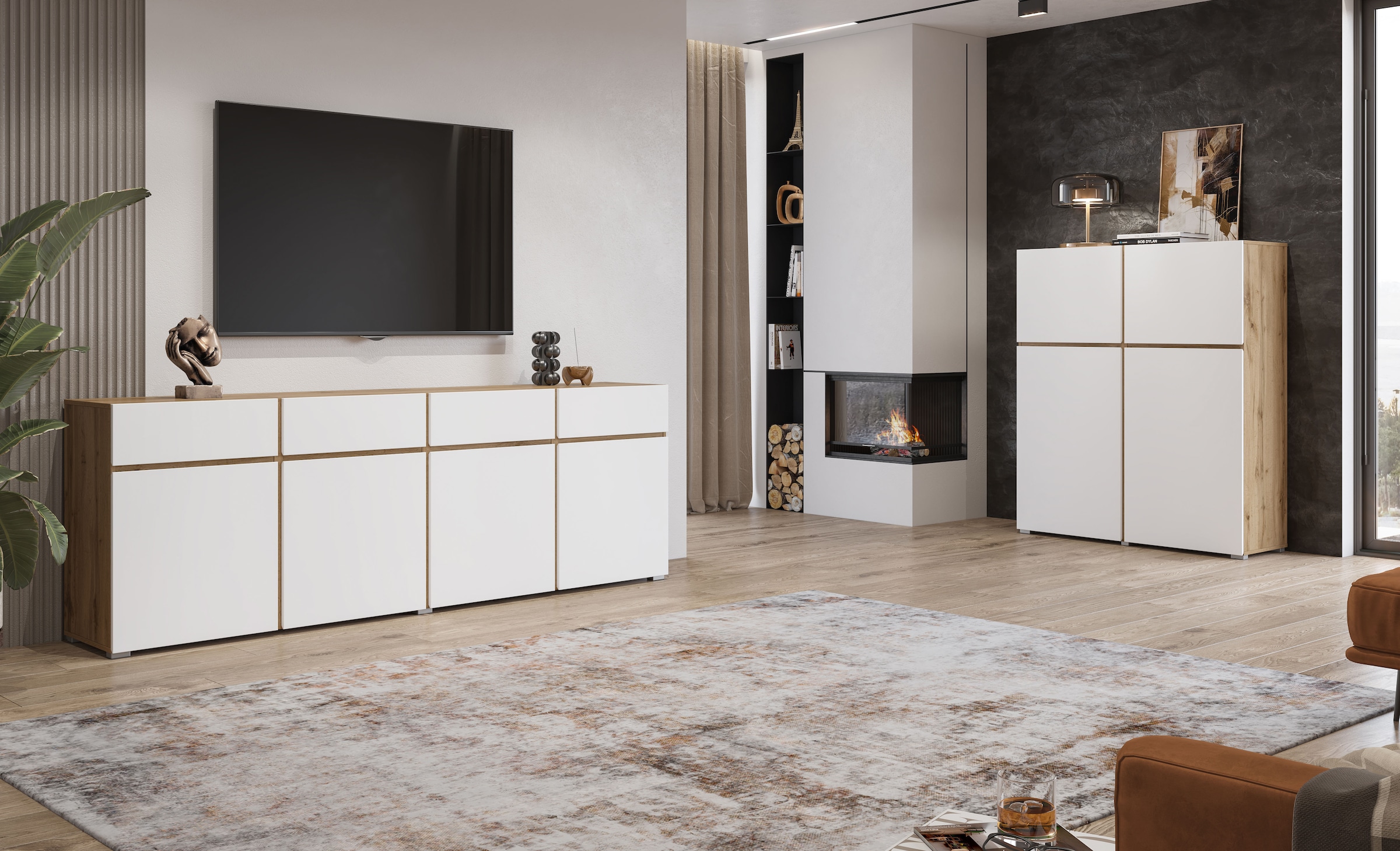 INOSIGN Highboard »Cross, moderne grifflose Hochkommode mit 4 Türen,Türkommode«, Hochschrank, Höhe 139 cm mit viel Stauraum, Einlegeböden verstellbar