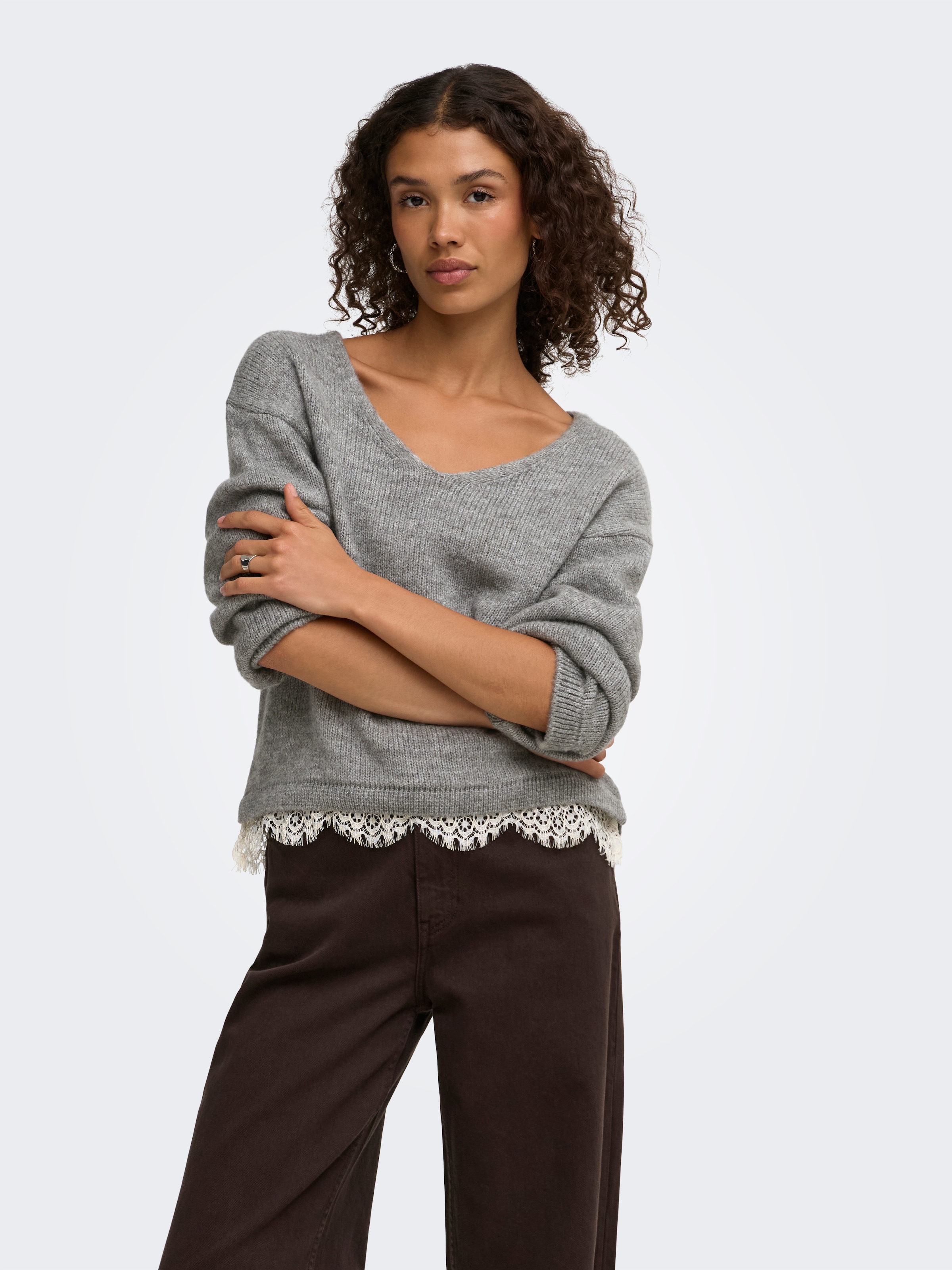 Image of JDY Strickpullover "JDYSTEPHANIE L/S V-NECK LACE PULL KNT" Materialmix