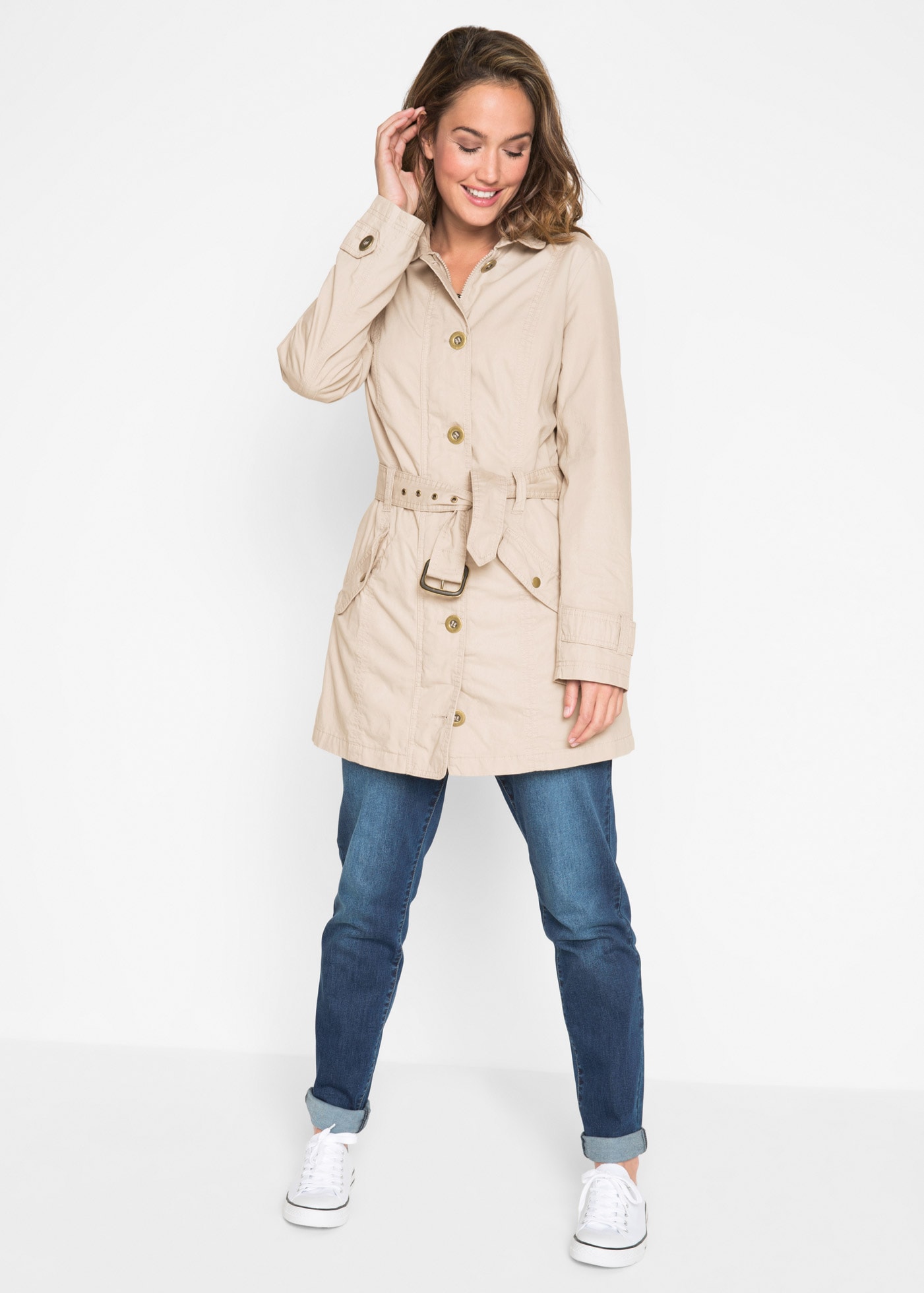 Image of bonprix Trenchcoat aus Baumwolle, mit langem Arm, figurbetonte Passform, mit Gürtel