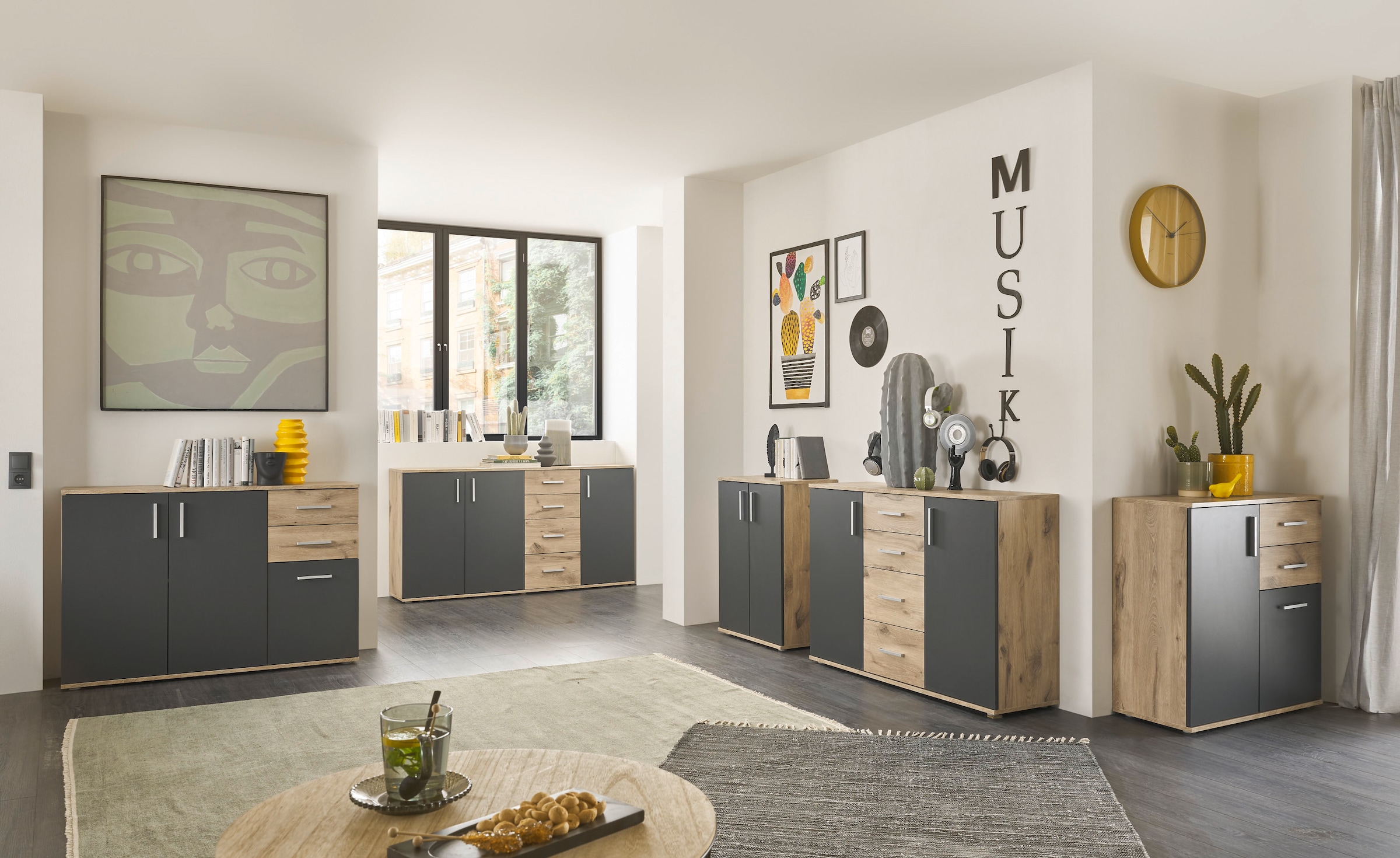 HBZ Kommode »BC-Drift-2, Sideboard Stellmass BxHxT 160x84x35 cm« 1 Stk. tlg. Sideboard mit 3 Türen und 4 Schubkästen, 2 Einlegeböden