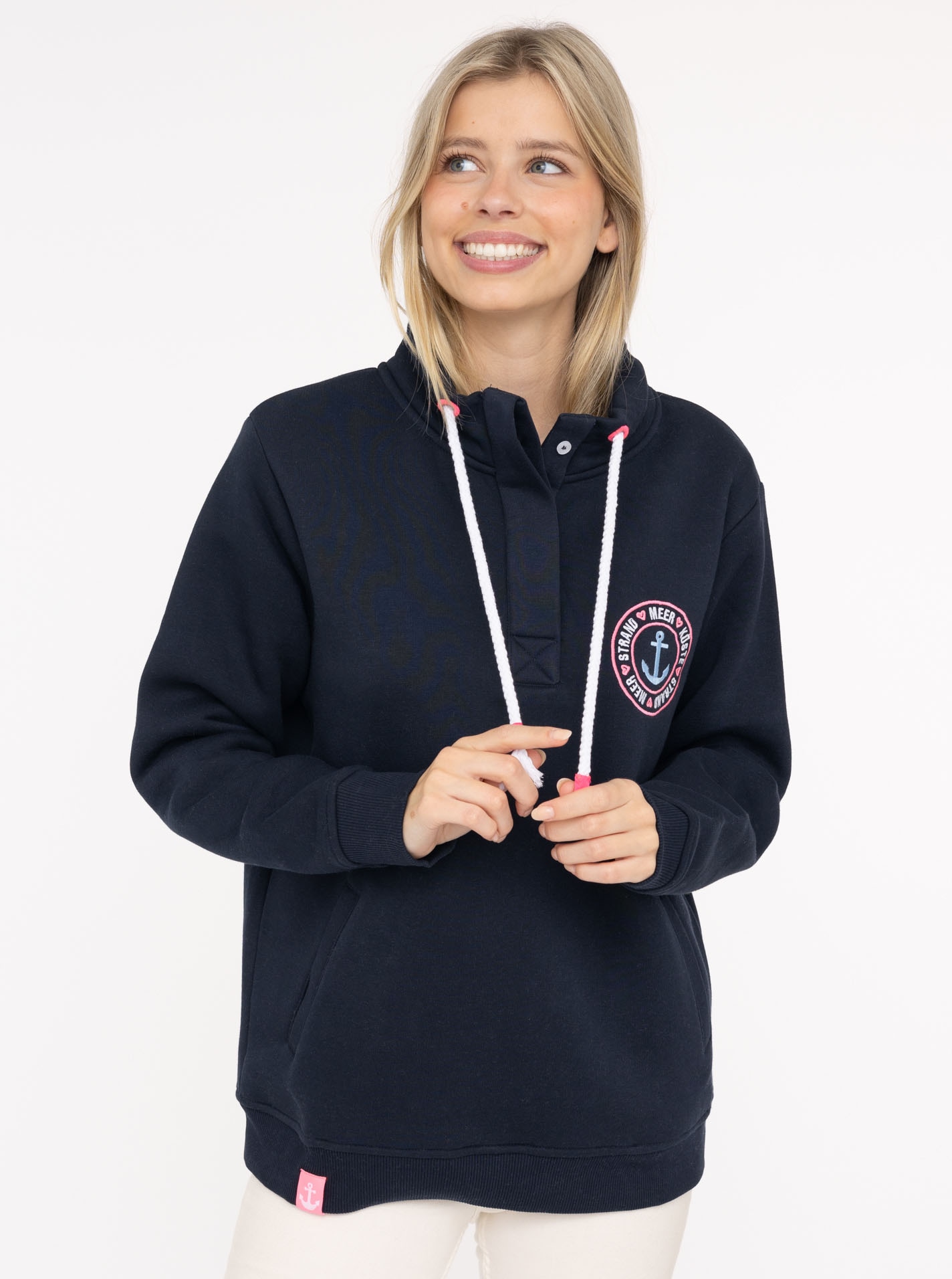 Image of Zwillingsherz Troyer ""Anker Kreis"" Regular Fit, mit Zipper, Stehkragen, Kordelzug, Stickerei am Rücken