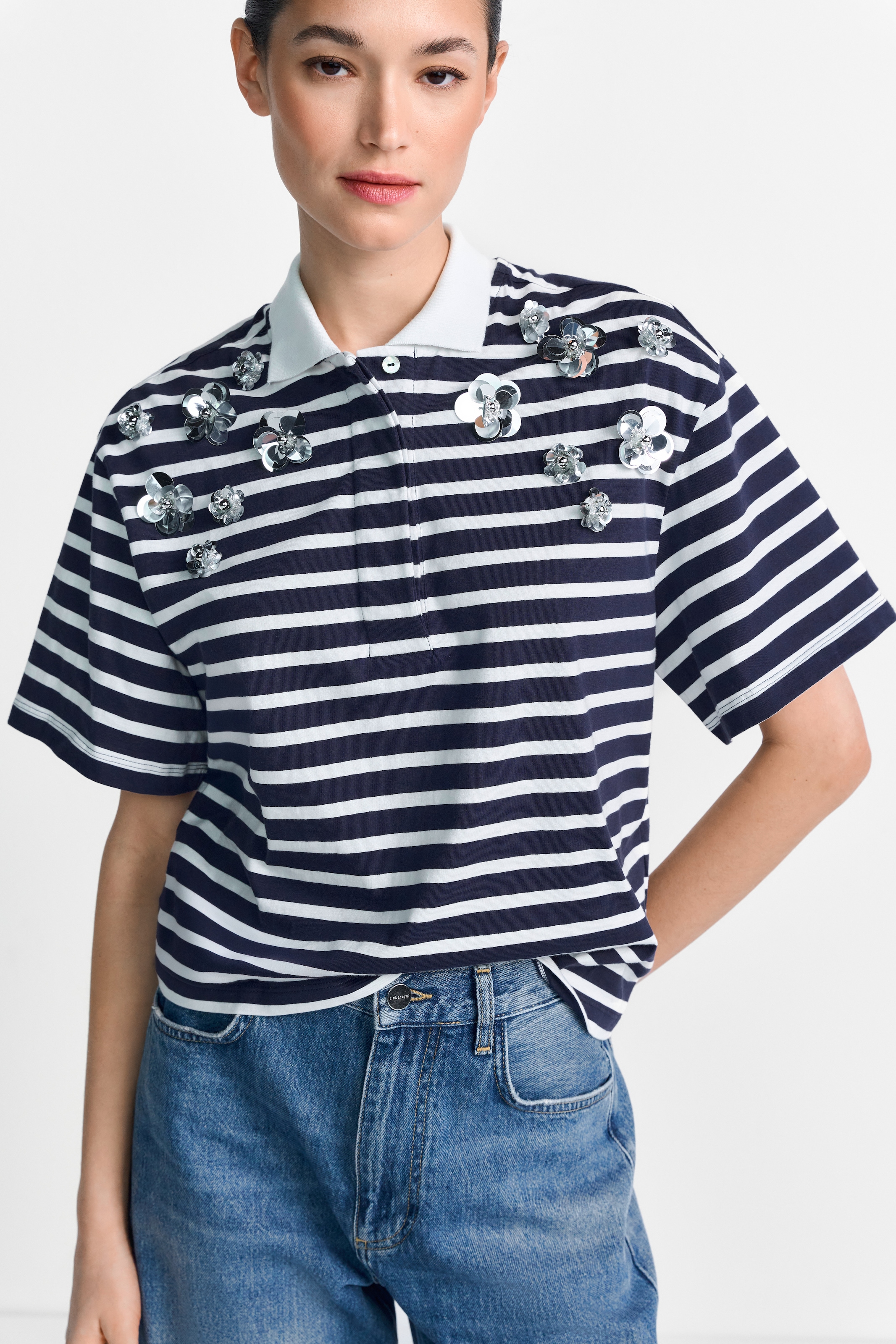 Image of RICHROYAL Poloshirt mit Blume-Applikationen, Gerade Form