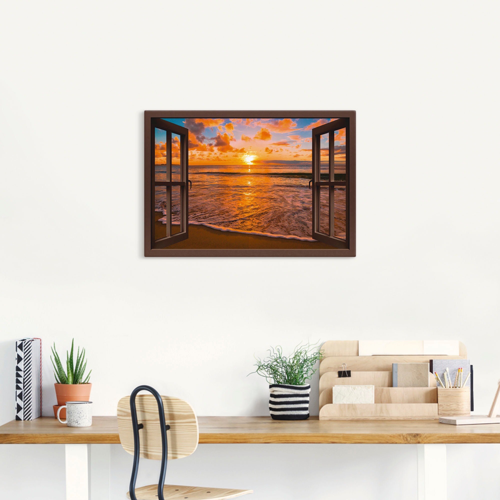 Artland Wandbild »Fensterblick Sonnenuntergang am Strand«, Sonnenaufgang & -untergang, (1 St.), als Leinwandbild, Poster, Wandaufkleber in verschied. Grössen