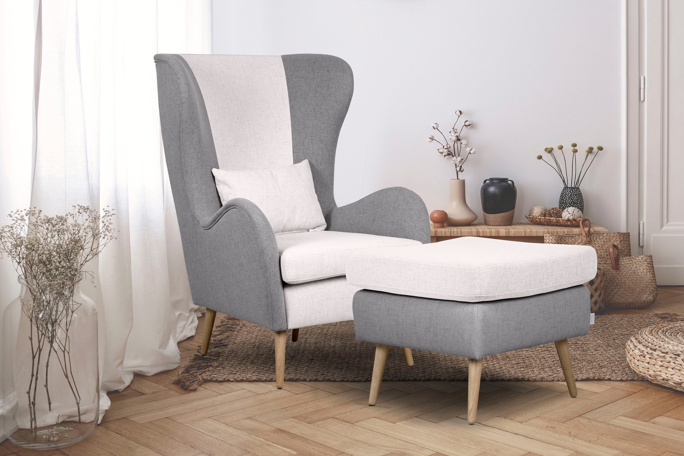 Guido Maria Kretschmer Home&Living Sessel »Salla Bezug Bouclé oder Struktur fein, Ohrensessel«, wahlweise mit oder ohne Hocker; grosser Sessel: Masse B/T/H: 78/94/118cm