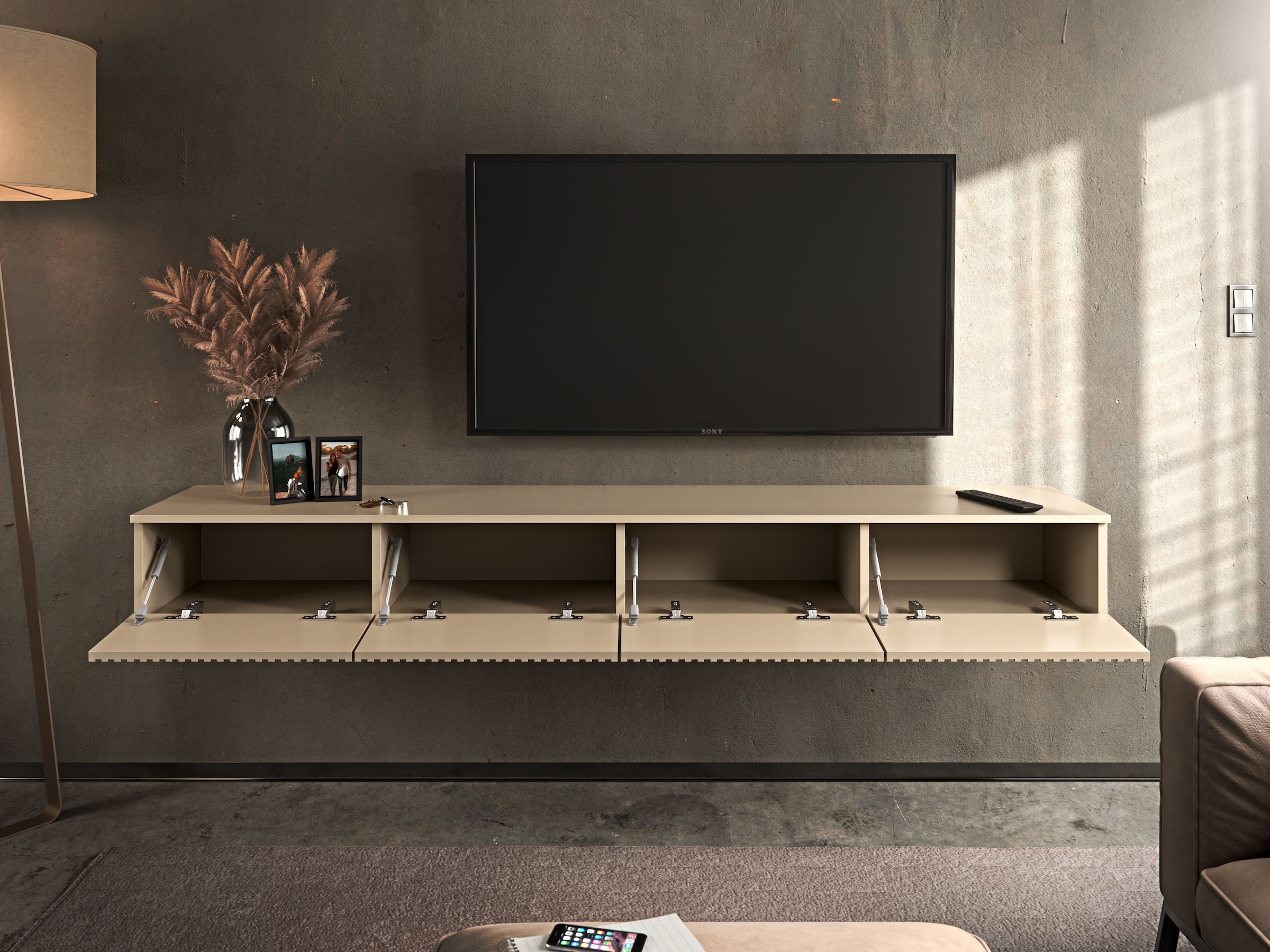 HBZ Table basse »Lowboard Lanai, hängend, mit moderner Rillenoptik« 1 cuis tlg. Largeur 200cm, revêtement mélaminé, ouverture par pression
