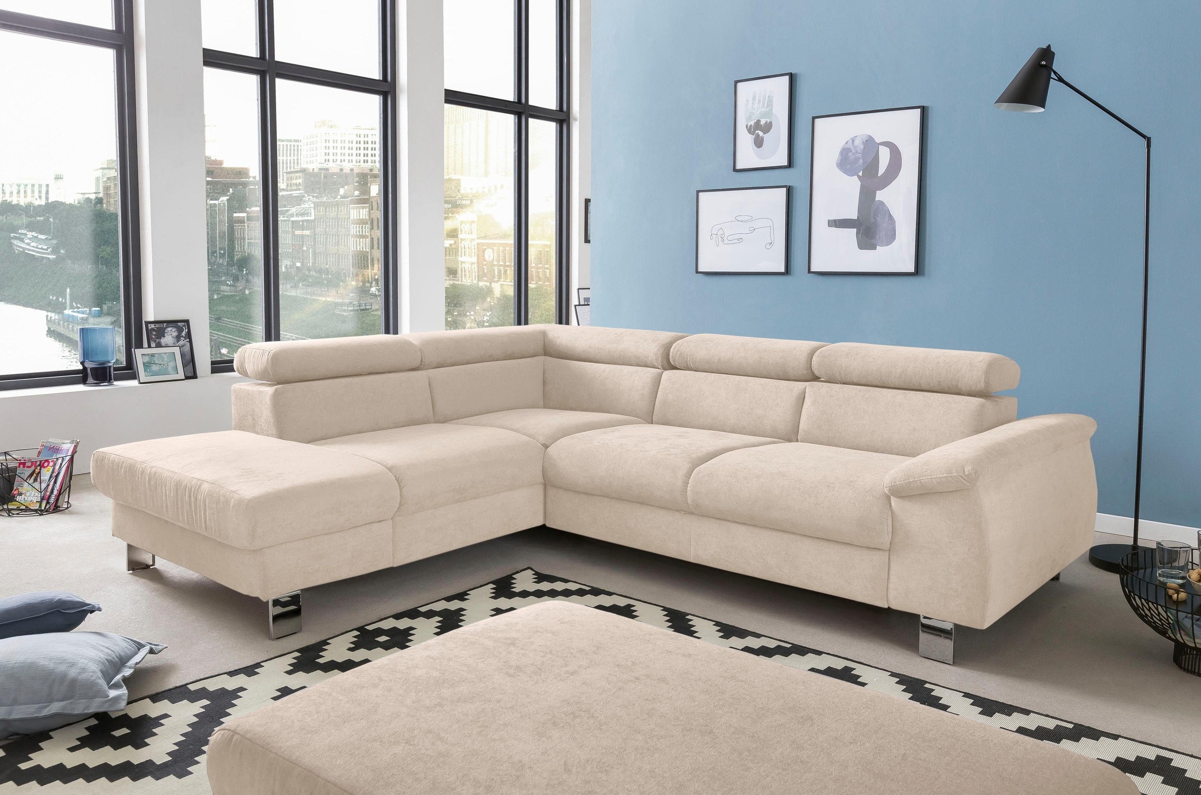 COTTA Ecksofa »Komaris L-Form mit Kopfteilverstellung«, wahlweise mit Bettfunktion, Bettkasten & Beleuchtung