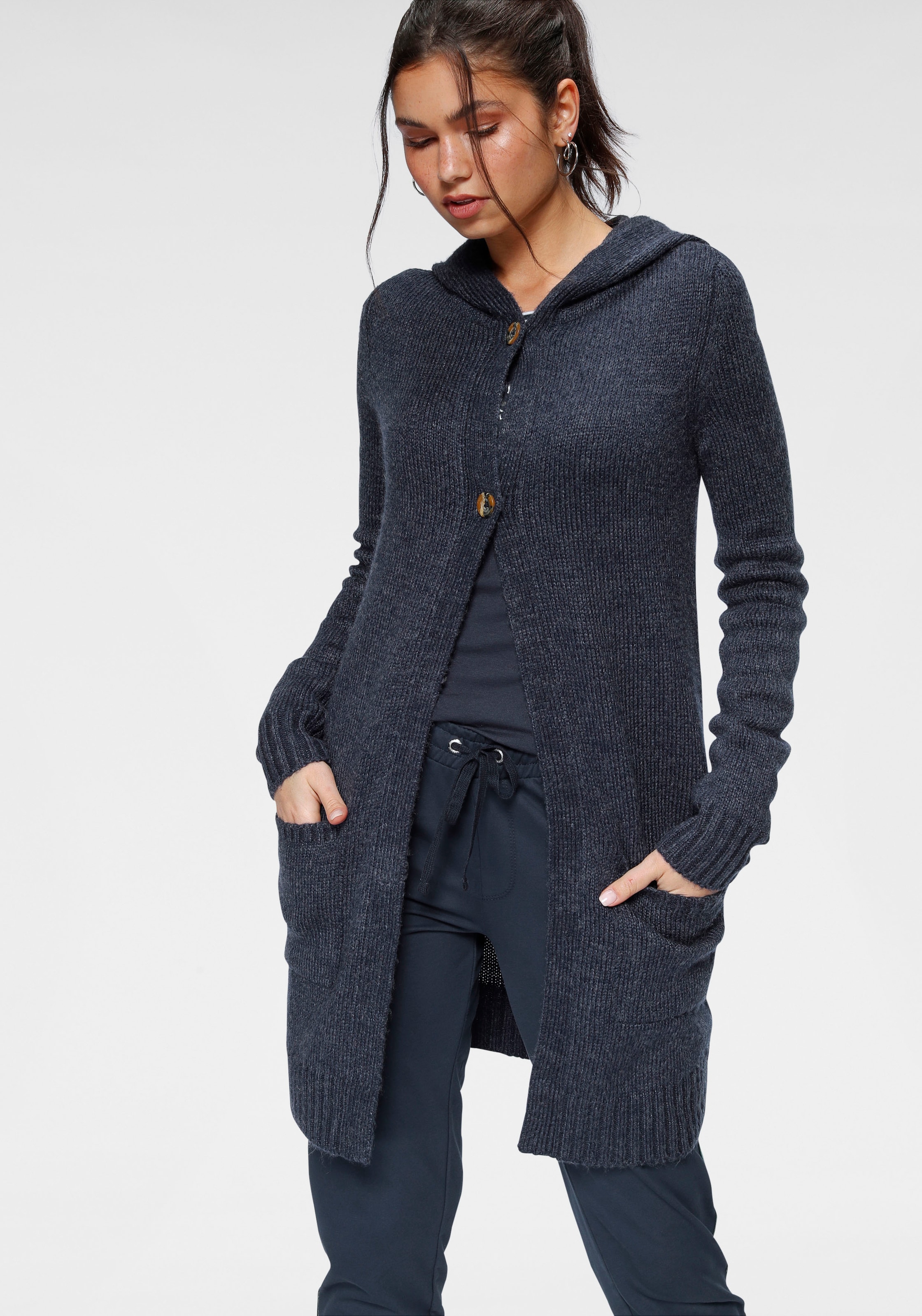 KangaROOS Cardigan à capuche mit aufgesetzten Taschen und breiten Rippbündchen