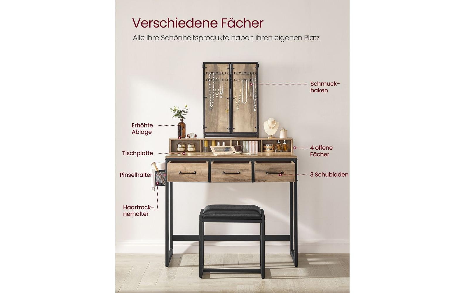 VASAGLE Schminktisch »mit Hocker und Spiegel Vintage«