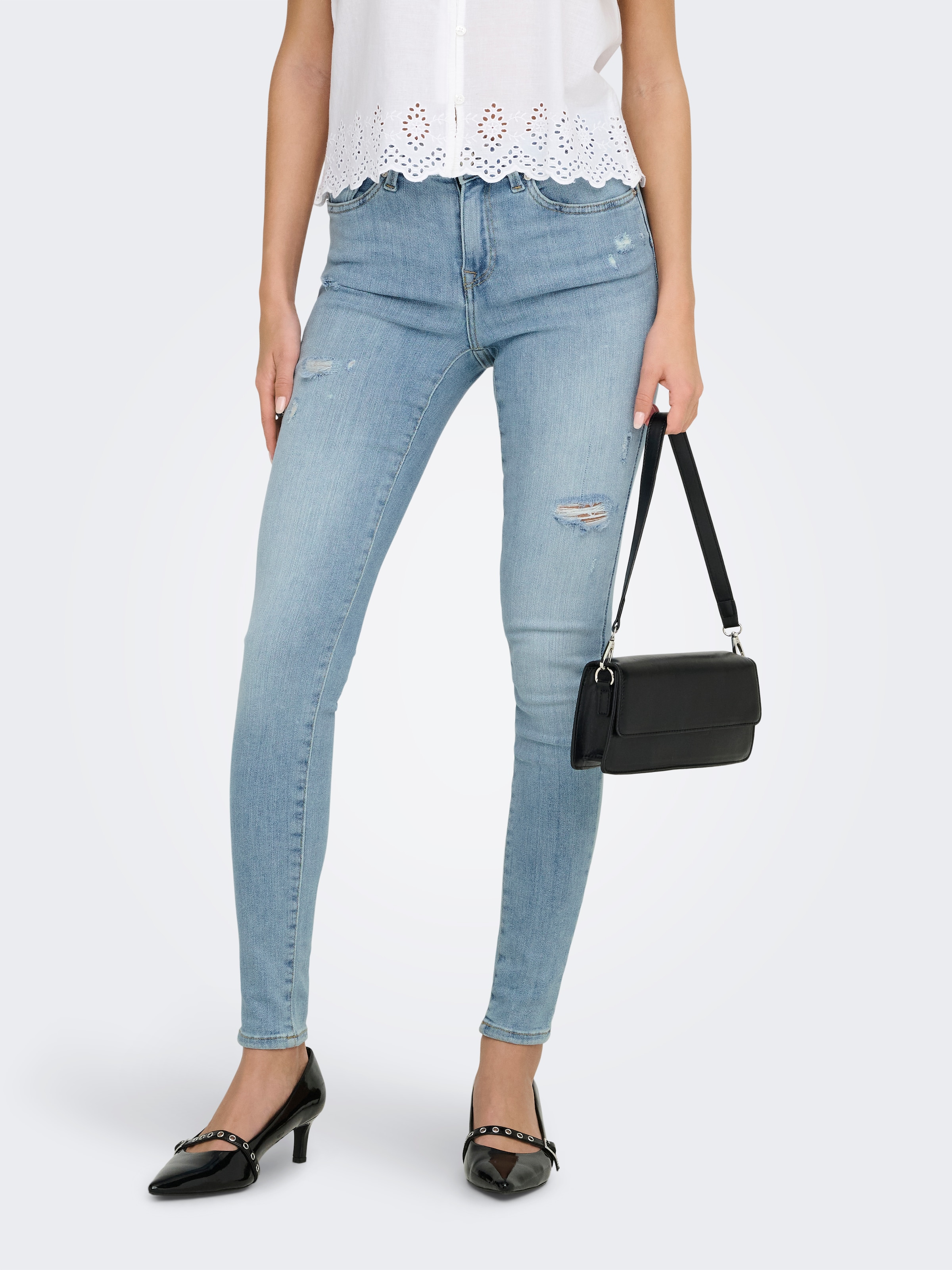 Image of ONLY Skinny-fit-Jeans "ONLPOWER MID DEST SKINNY DNM" mit Destroyed Details