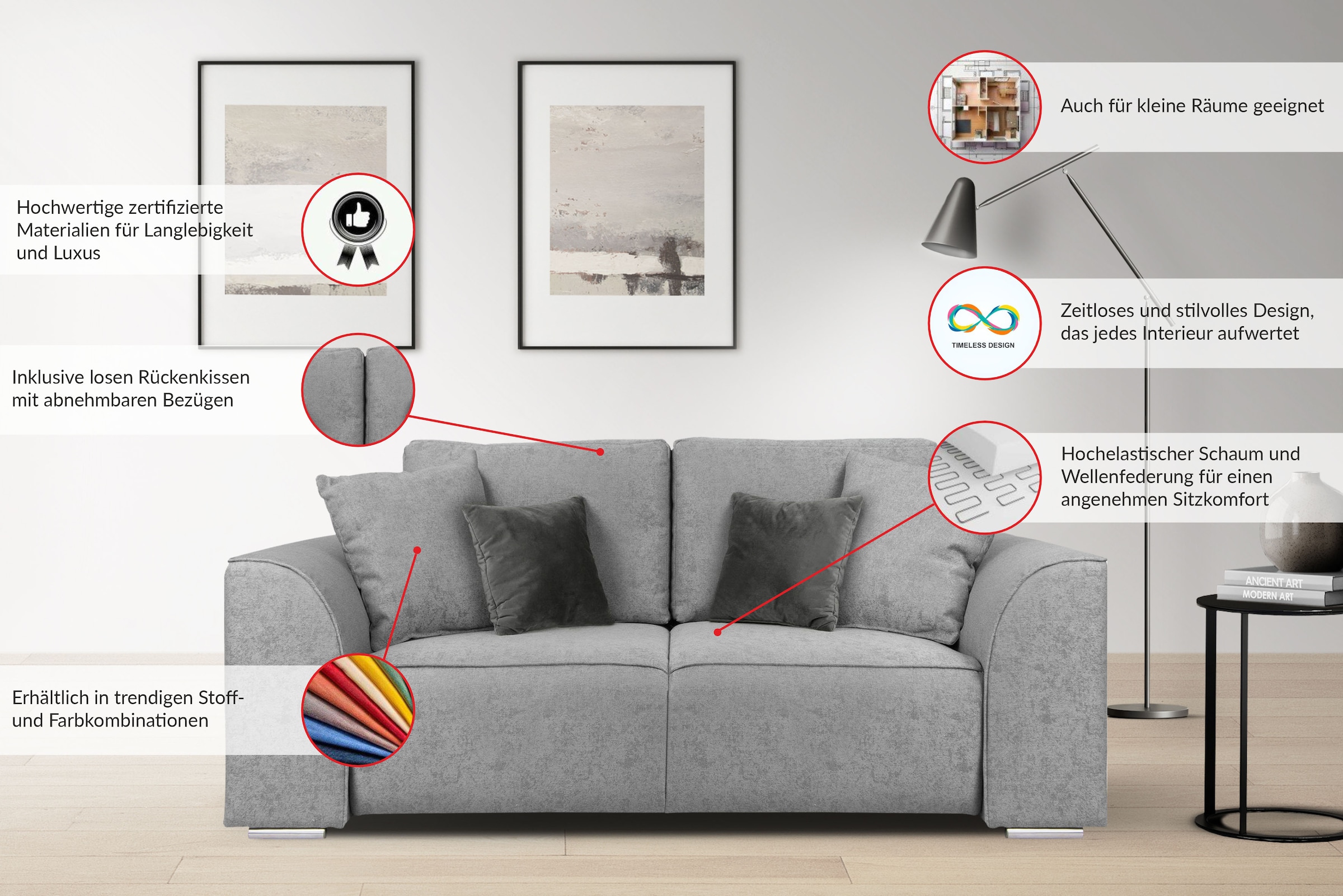 INOSIGN 2-Sitzer »BEATRICE, erhältlich in trendigen Stoffoptionen, B/T/H: 143/73/92 cm« In hochwertiger Verarbeitung, incl. 2 grossen Zierkissen in Korpusfarbe