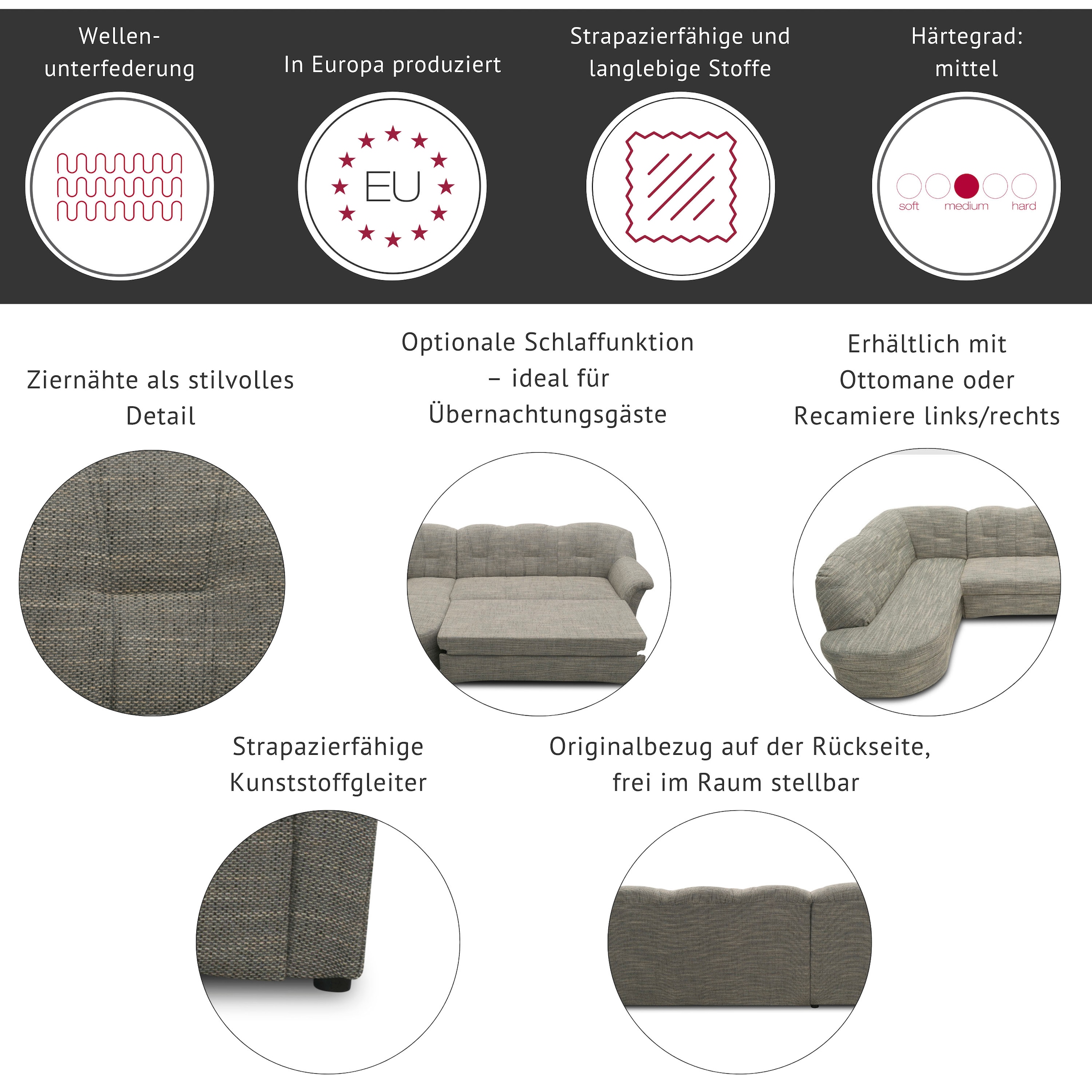 DOMO collection Wohnlandschaft »Papenburg, zeitlose Rückensteppung, elegante Formensprache, U-Form« in grosser Farbvielfalt, wahlweise mit Bettfunktion