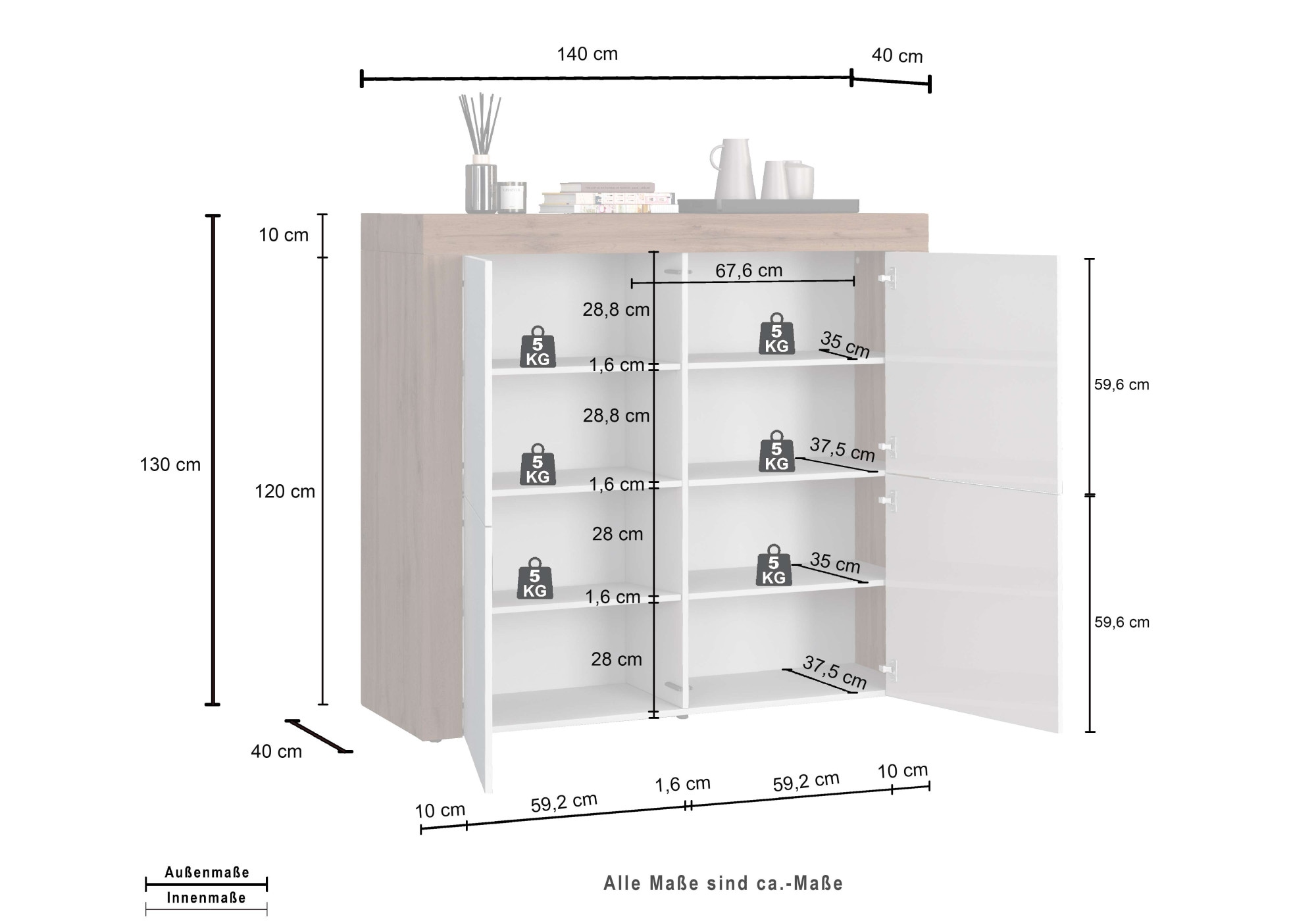 INOSIGN Highboard »CHRONOS Breite 140 cm mit 4 Türen und 8 Fächer 'Made in Italy'«, (1 St.), Hohes Sideboard, Kommode, Schrank, Grifflos mit Push to Open