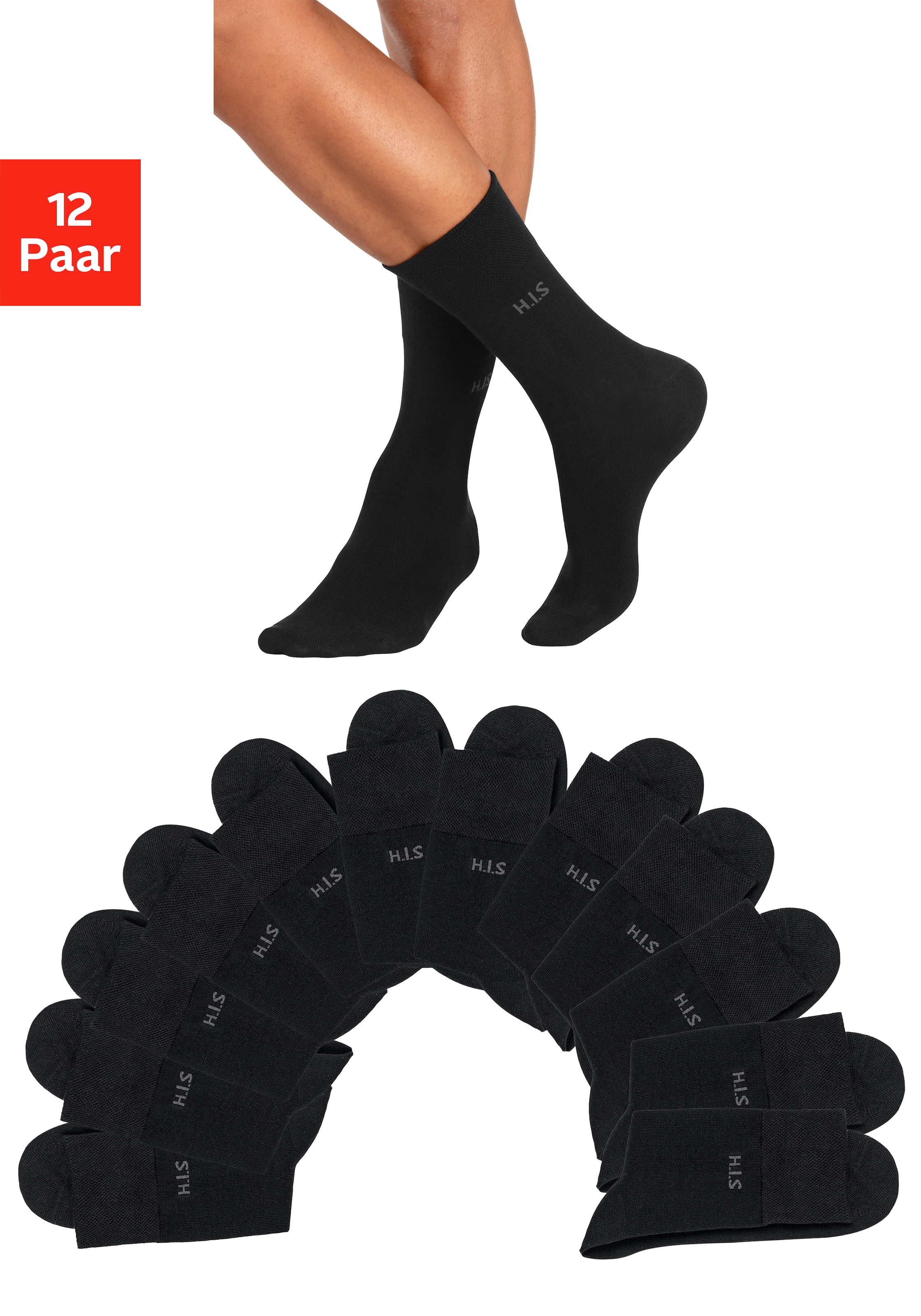 H.I.S Socken Packung, 12 Stk. tlg. ohne einschneidendes Gummi