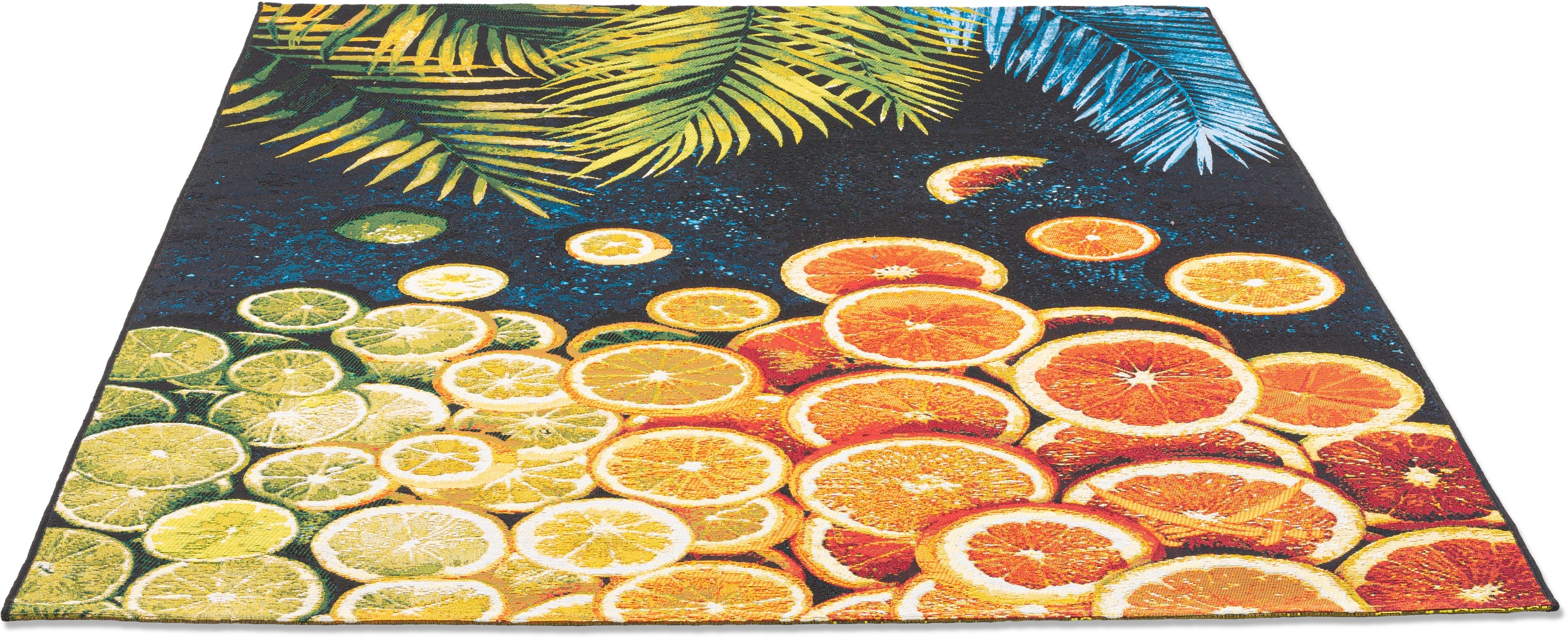 Image of Sansibar Teppich »Rantum Beach 004«, rechteckig, 5 mm Höhe, Flachgewebe, modernes Sommer Design, Motiv Orangenscheiben und Palmenblätter, In- & Outdoor geeignet, ideal im Wohnzimmer & Schlafzimmer bei Ackermann Versand Schweiz