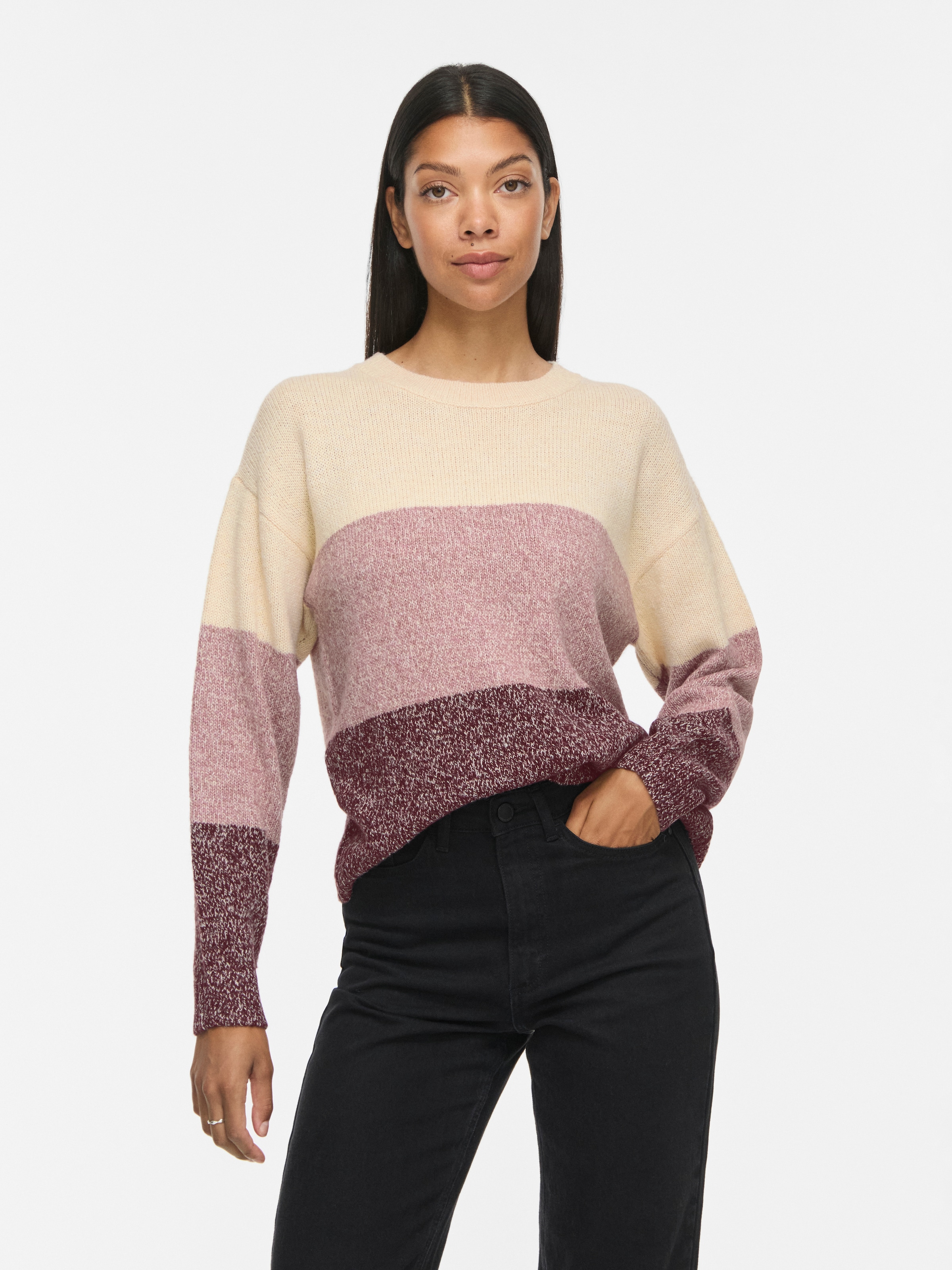Image of Vila Strickpullover "VISPOSA O-NECK L/S STRIPE KNIT TOP/PB" Materialmix, Colorblock Design