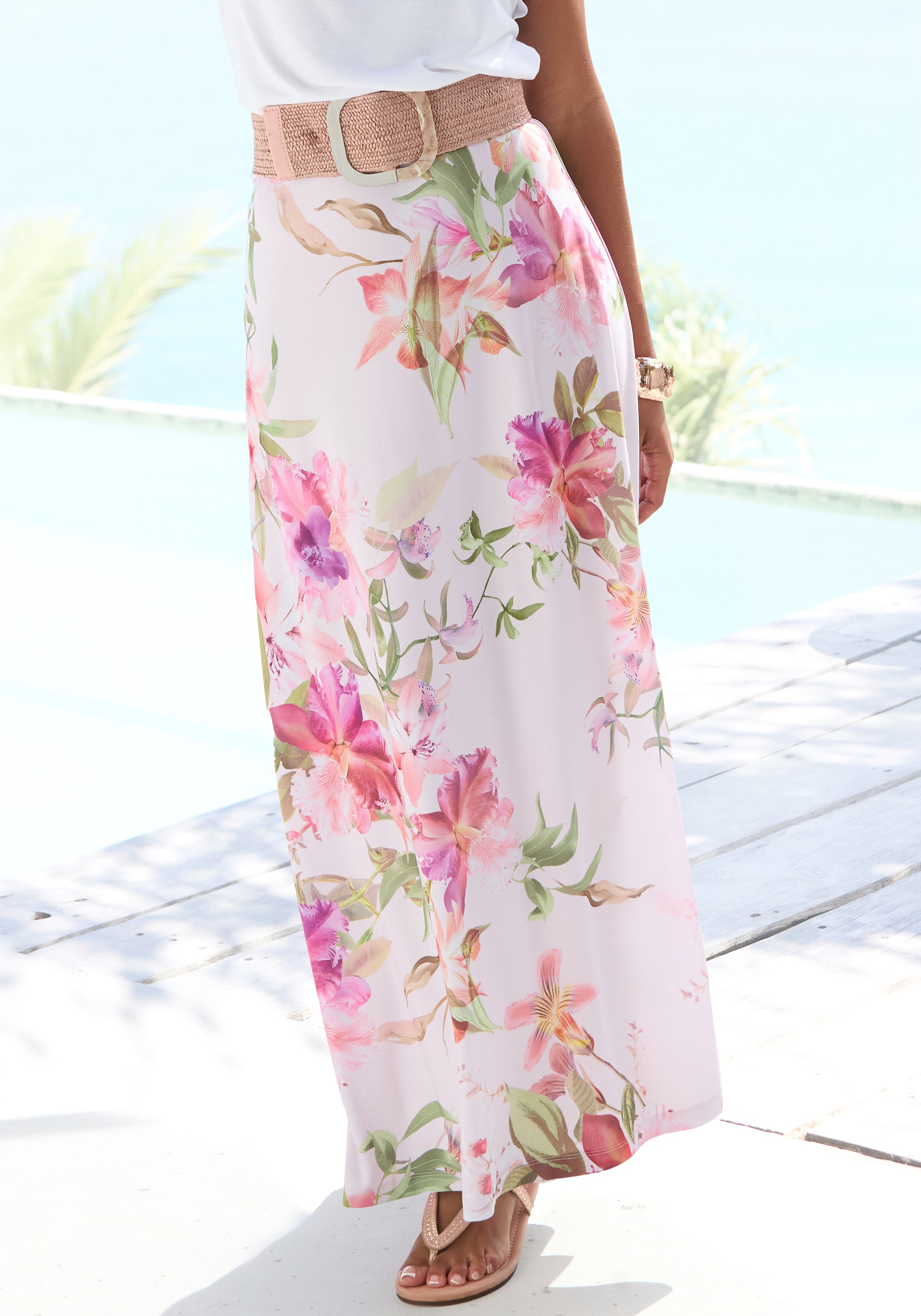 Image of LASCANA Maxirock "mit Blumendruck aus glatter, bügelfreier Ware" langer Jerseyrock mit Blumenmuster, eleganter Sommerrock, A-Linie