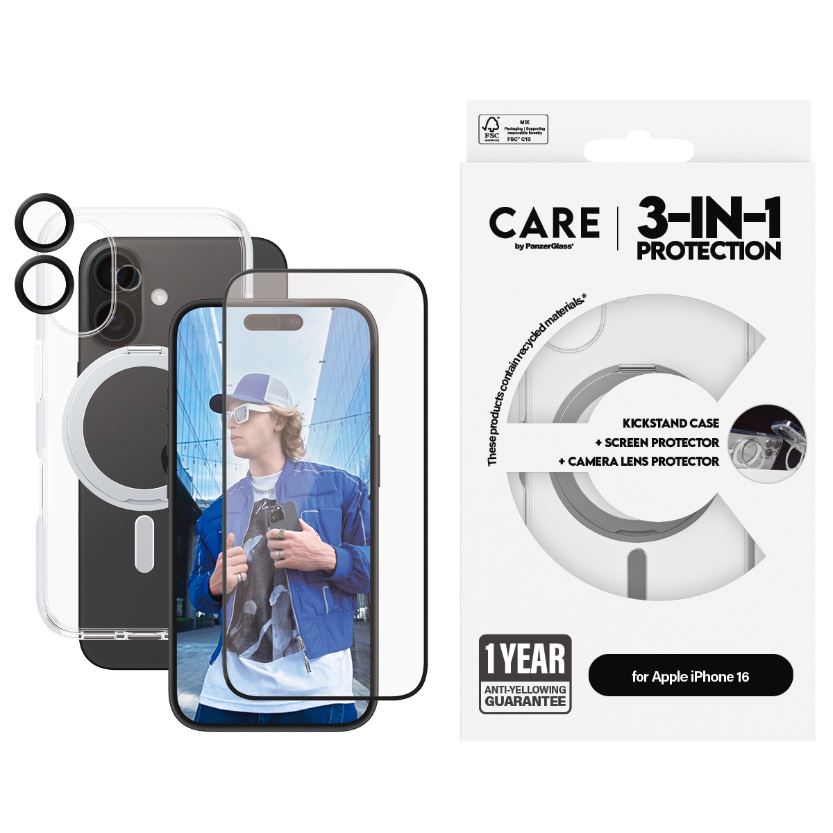 Image of CARE by PanzerGlass Displayschutzglas "3-in-1 Protection, Ceramic Glass, Kickstand Case, Lens Cover" für Apple iPhone 16 Displayschutzfolie, Schutzfolie, Bildschirmschutz, kratz- & stossfest