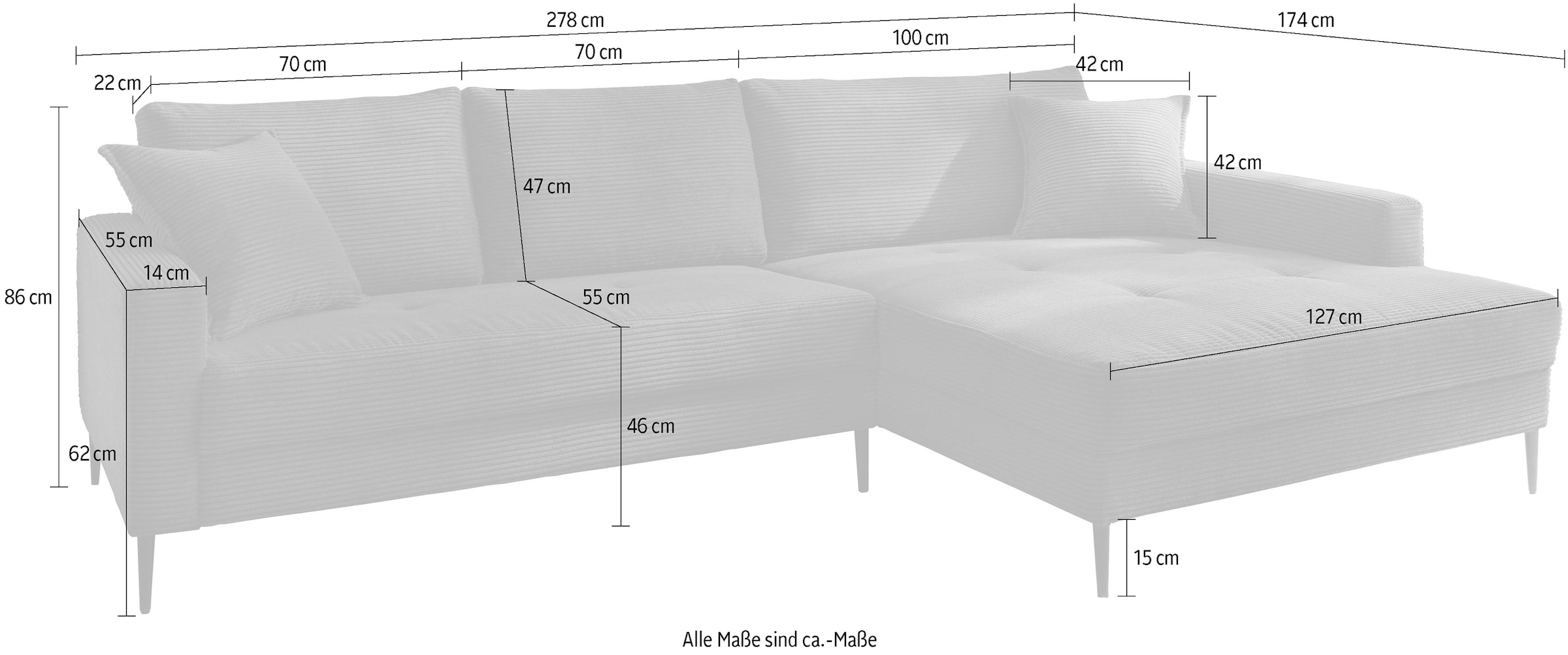 Trends by HG Ecksofa »Summer L-Form«, in Cord-Stoff mit Metallfuss